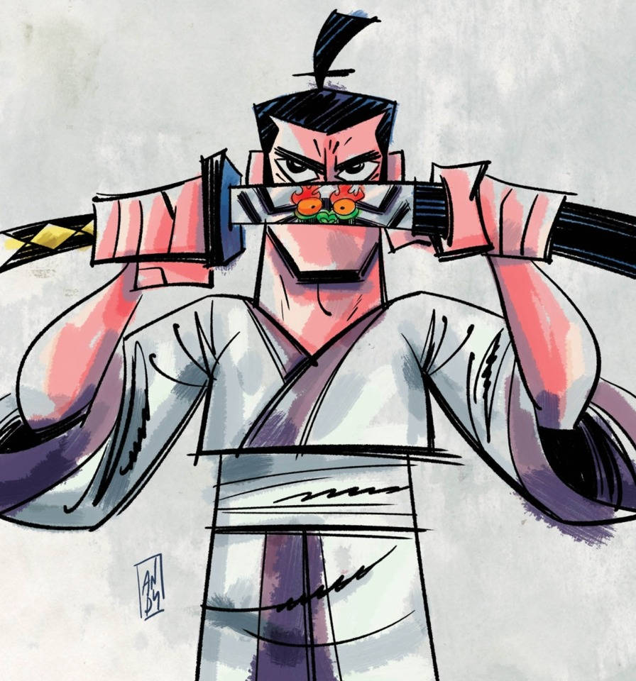 藝術 桌布 壁紙 — 一個風格化的武士，表情兇猛，手持武士刀橫在臉前，身穿傳統盔甲和白色長袍。