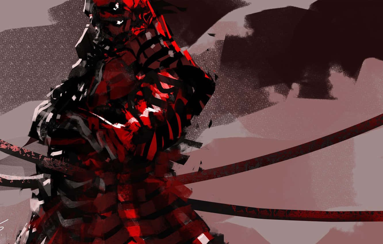 武士動畫 桌布 壁紙 — 一個風格化的武士戰士，身穿紅黑盔甲，在柔和的灰色背景上揮舞著武士刀，帶有動態的筆觸。