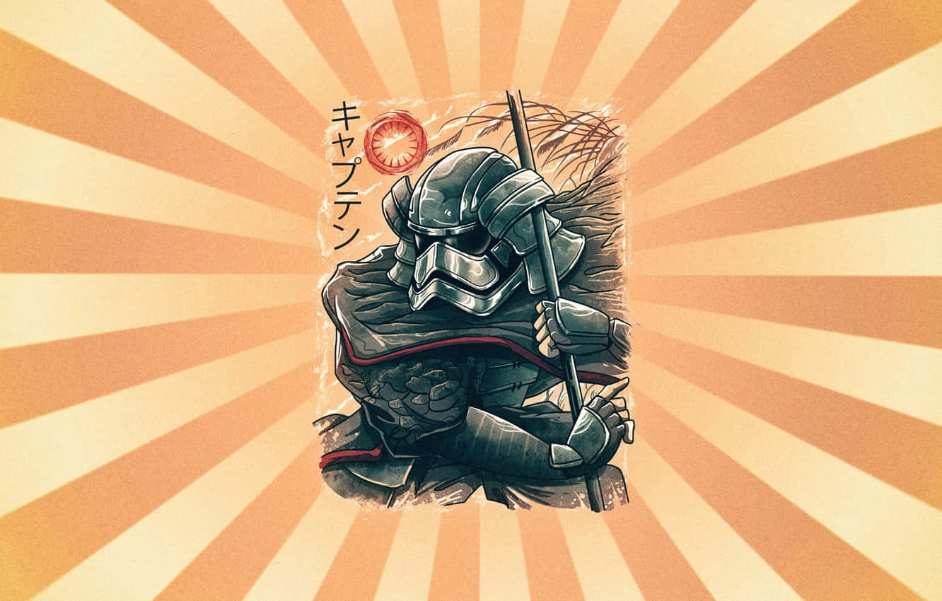 武士動畫 桌布 壁紙 — 一個風格化的武士戰士穿著暗色盔甲，在帶有日文字樣的耀眼橙色太陽爆發背景中手持長矛。