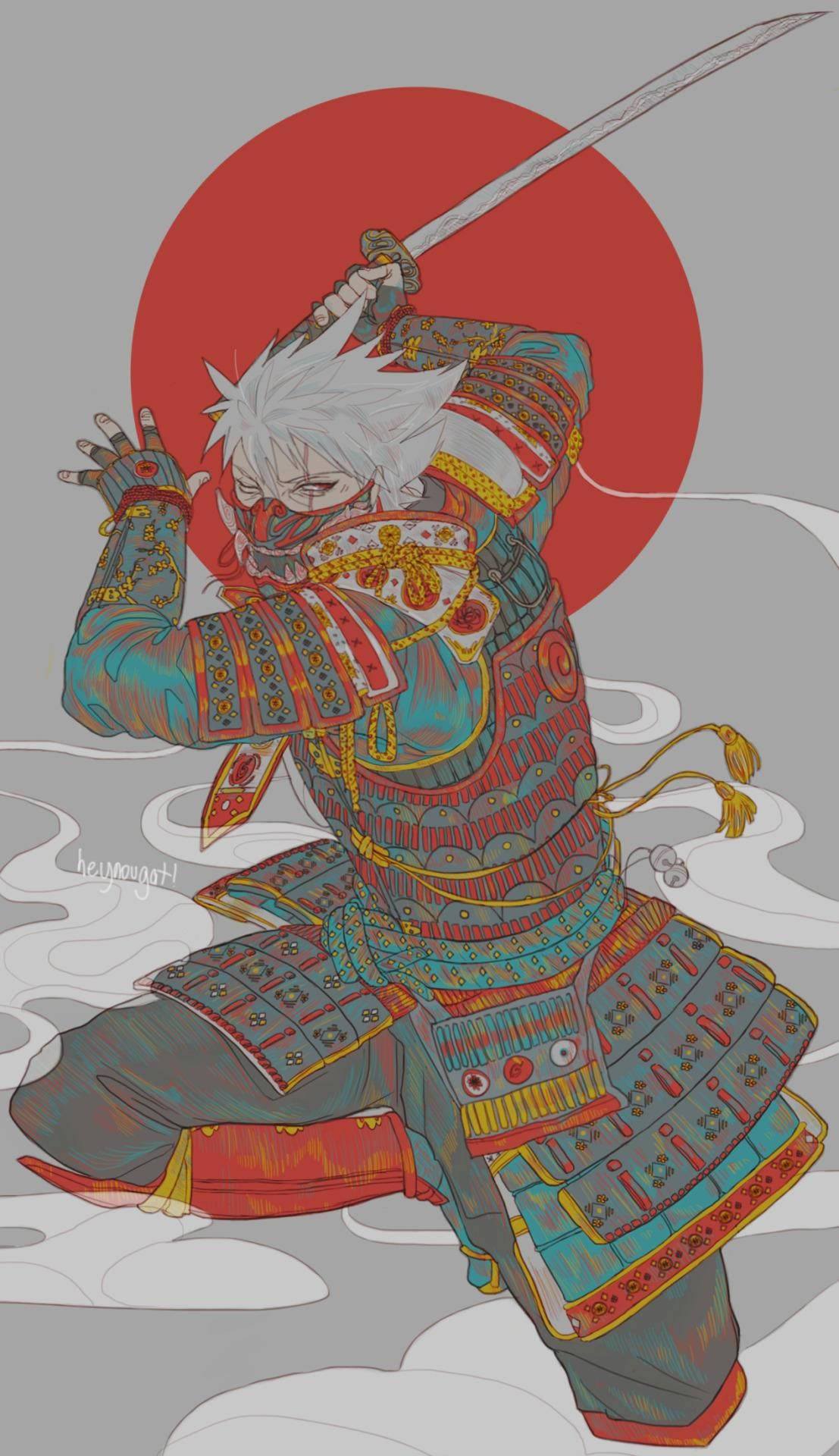 Samurai Art 桌布 壁紙 — 一個風格化的武士戰士穿著華麗盔甲，在紅色太陽背景下揮劍向前衝刺。