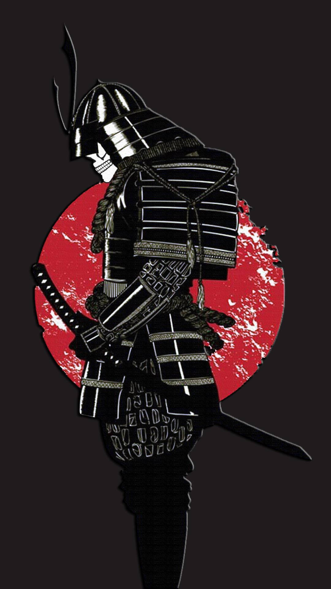 Anime Samurai 桌布 壁紙 — 一個風格化的武士戰士穿著黑色盔甲，在帶有紋理的紅色圓形背景上呈現剪影。