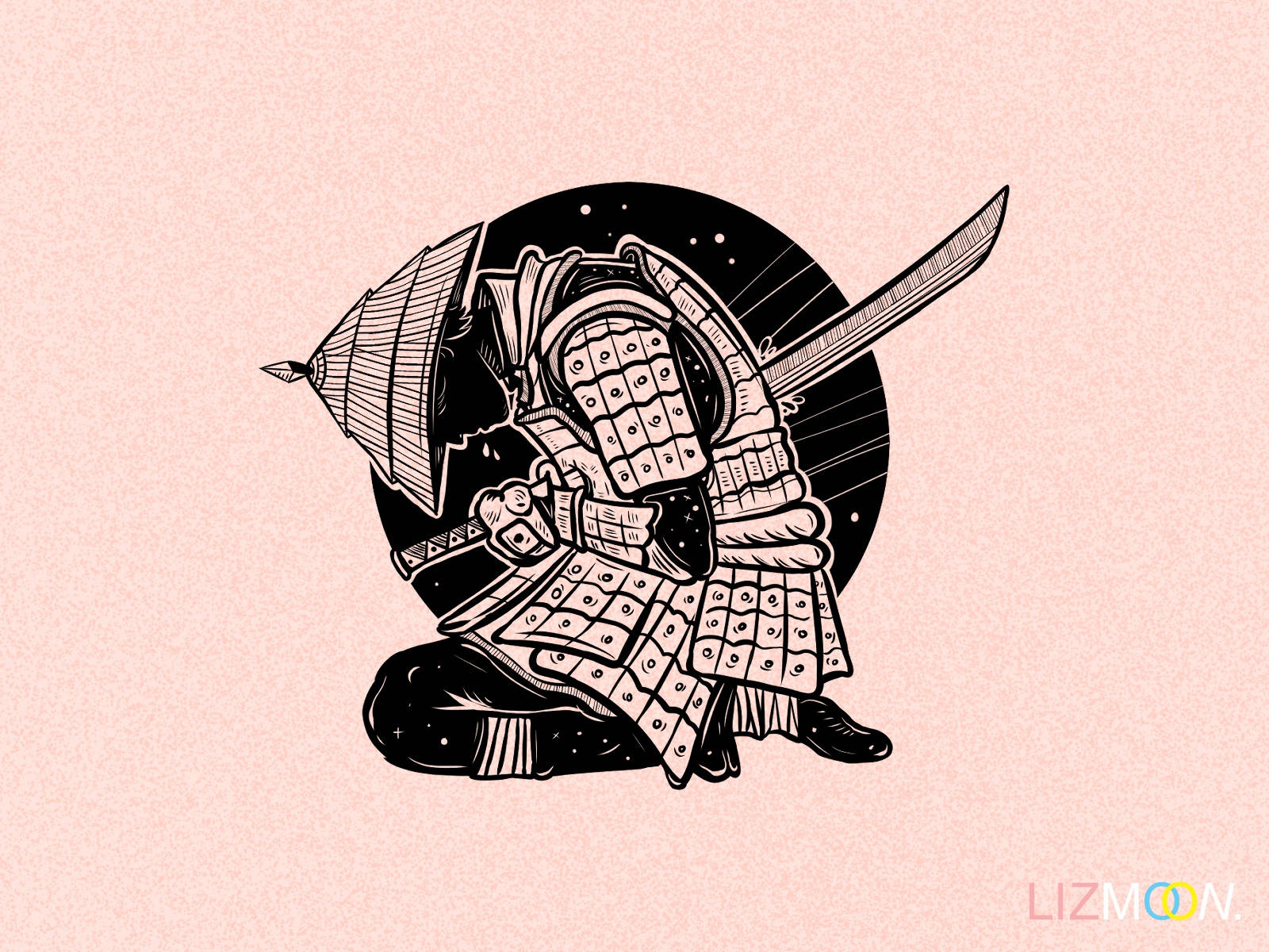Seppuku 桌布 壁紙 — 一個風格化的武士穿著全套盔甲跪著，手持武士刀，背景是帶有星星的黑色圓形，置於柔和的粉紅色背景上。