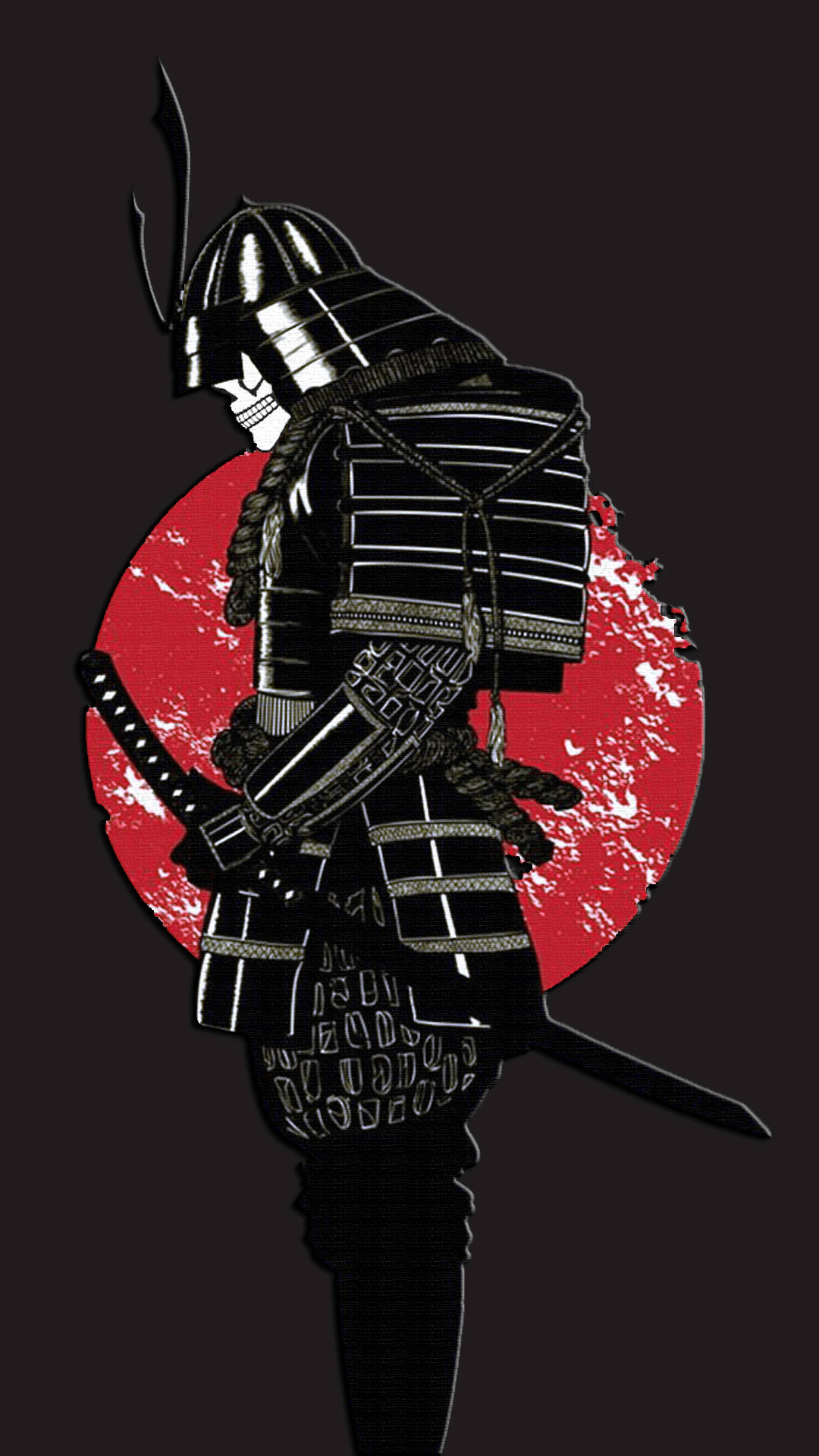 日本武士 桌布 壁紙 — 一個風格化的武士穿著黑色盔甲，在深色背景上以紋理紅日為襯托，呈現剪影。