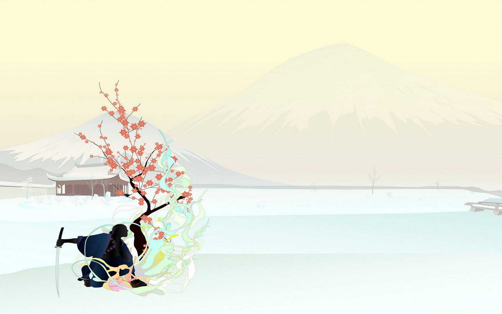 Seppuku 桌布 壁紙 — 一個風格化的武士跪在櫻花樹旁，散發著發光的能量，背景是雪山。