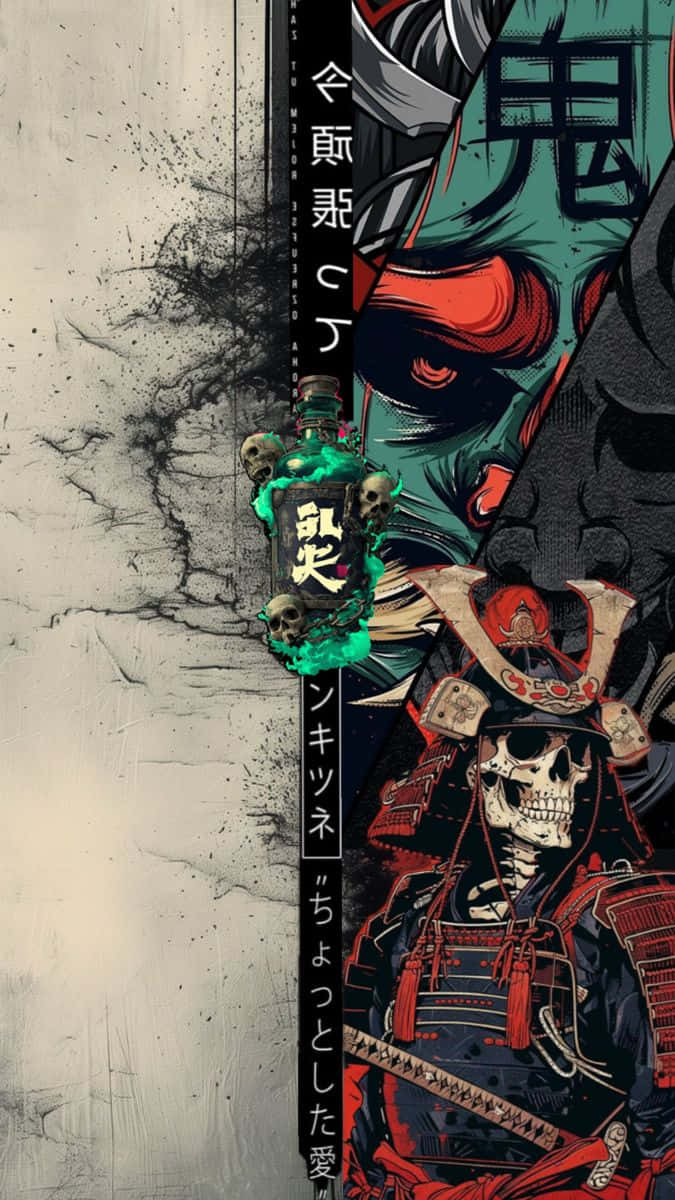 Japan and samurai skeleton 壁紙 — 一個風格化的武士骷髏戰士穿著紅色盔甲，站在一個有日本文字和骷髏的惡魔綠色面孔人物旁邊。