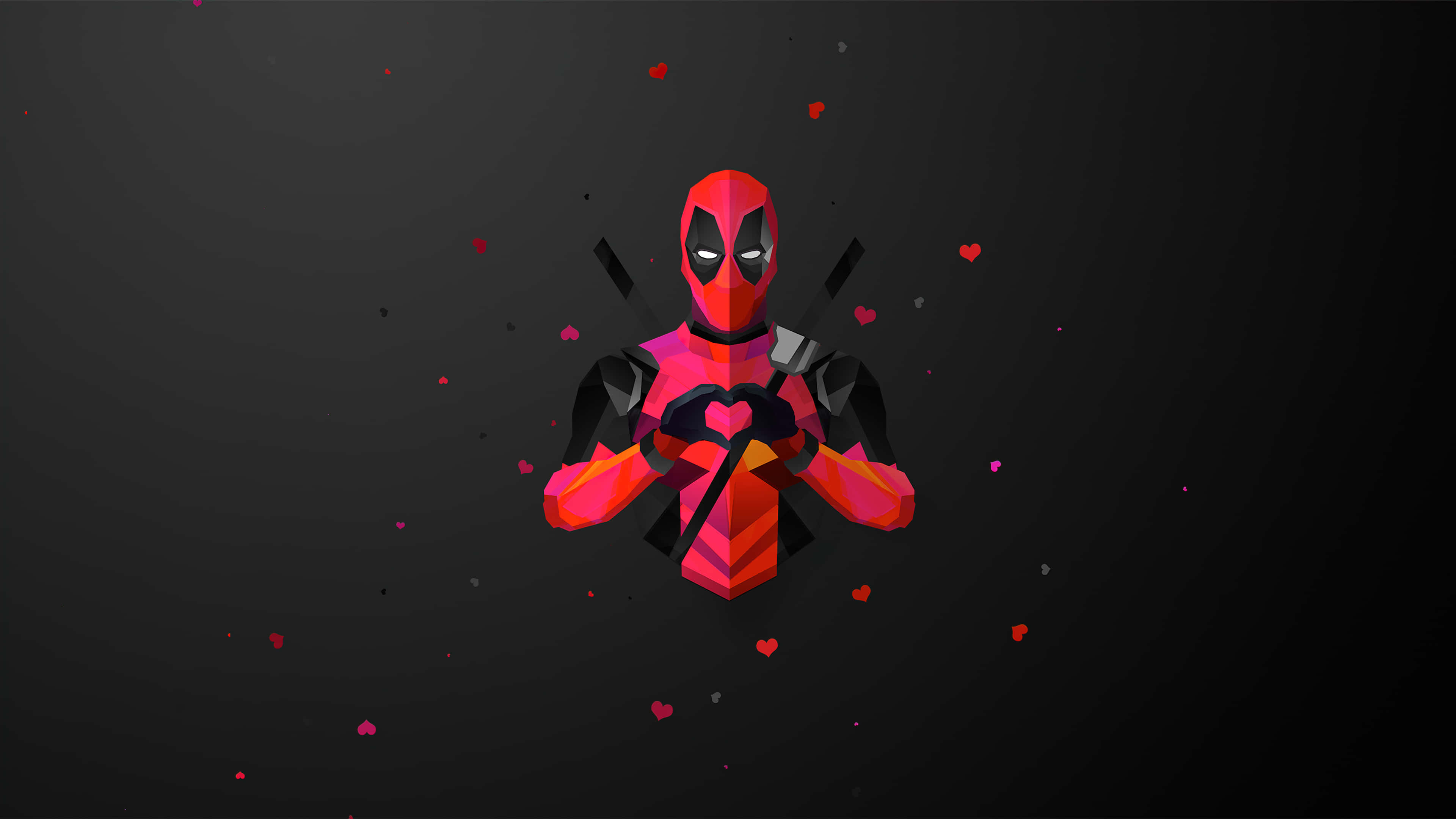 Black Deadpool 桌布 壁紙 — 一個風格化的死侍人偶，紅黑配色，心形圖案在深色背景上漂浮。