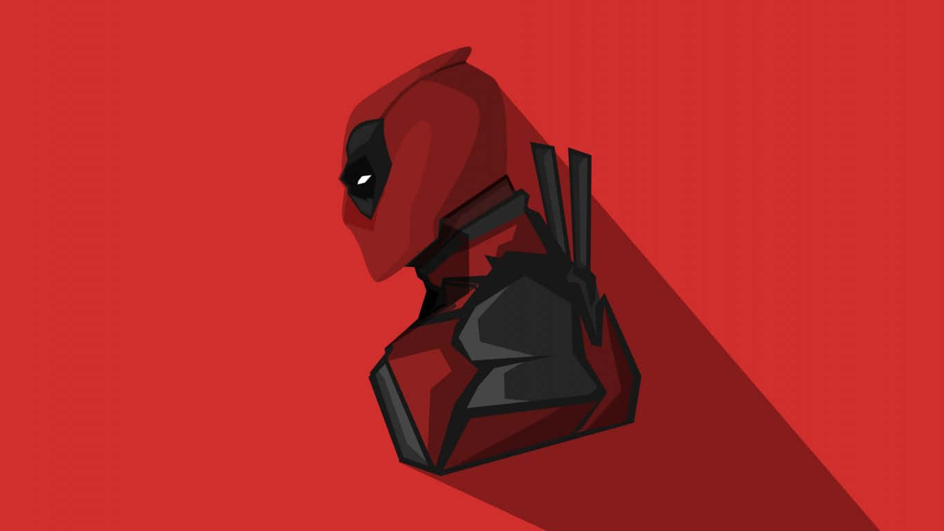 1366x768 Marvel 桌布 壁紙 — 一個風格化的死侍半身像，紅黑配色，在純紅色背景上投下長長的陰影。