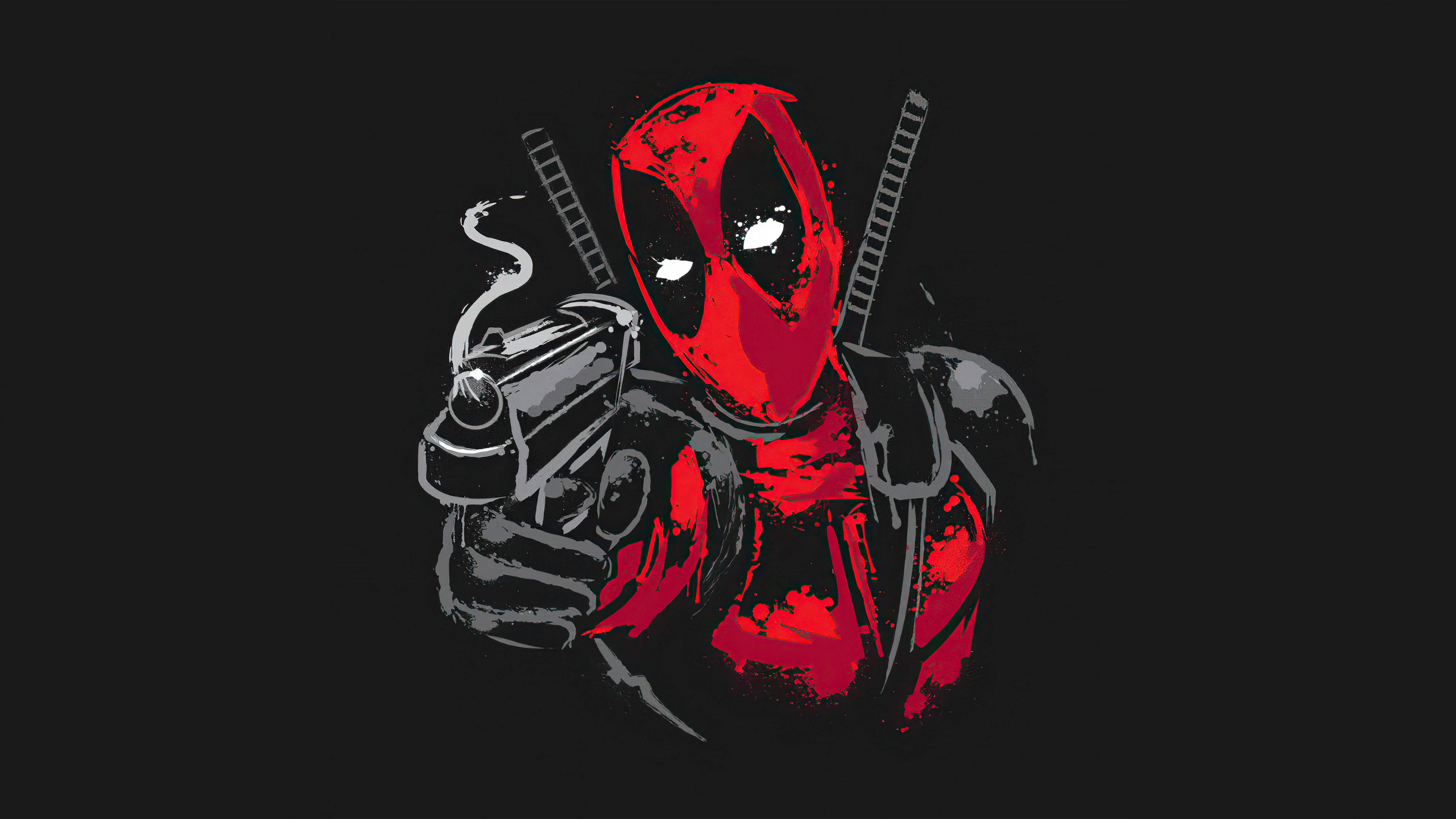 4K deadpool 桌布 壁紙 — 一個風格化的死侍穿著紅色戰衣，在黑暗背景前用冒煙的手槍瞄準，背上背著劍。