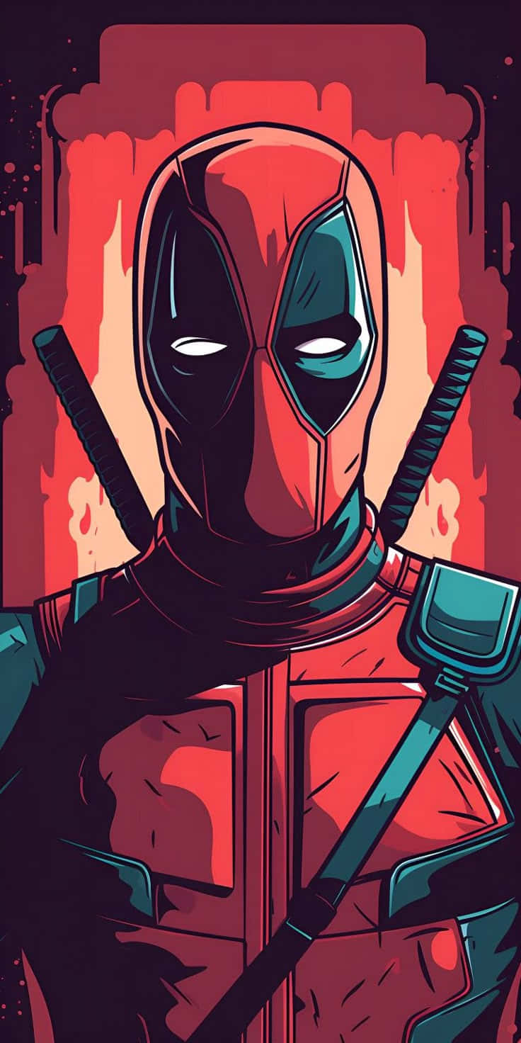 Deadpool 2 桌布 壁紙 — 一個風格化的死侍站在滴血的紅色背景前，雙手持武士刀。