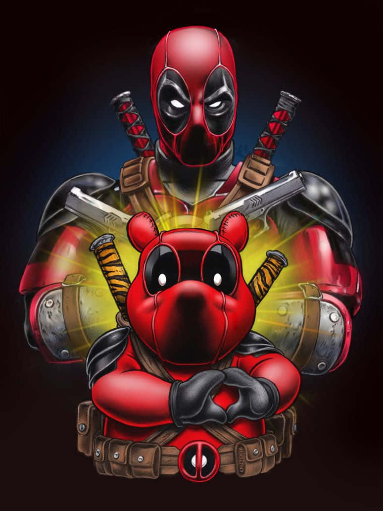 Deadpool Cartoon 桌布 壁紙 — 一個風格化的死侍角色，帶著可愛的紅色熊頭，穿著他標誌性的紅黑色套裝，在黑暗背景前手持武器。