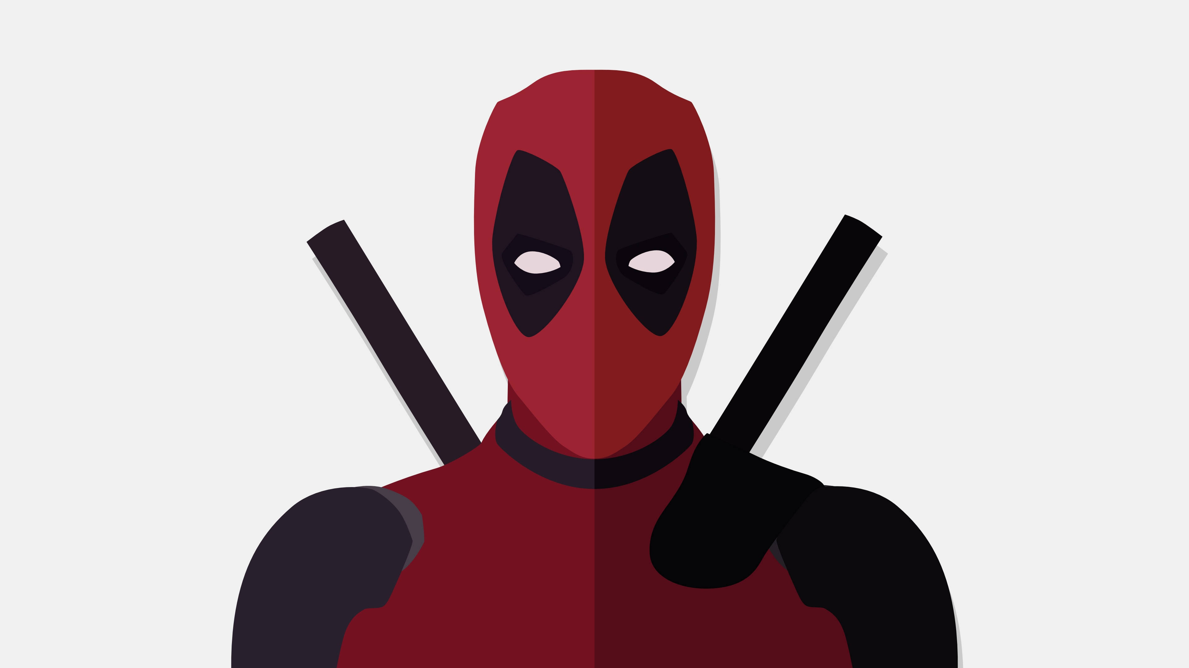 vector 桌布 壁紙 — 一個風格化的死侍角色，身穿紅黑戰衣，背上兩把武士刀，背景為純淺灰色。