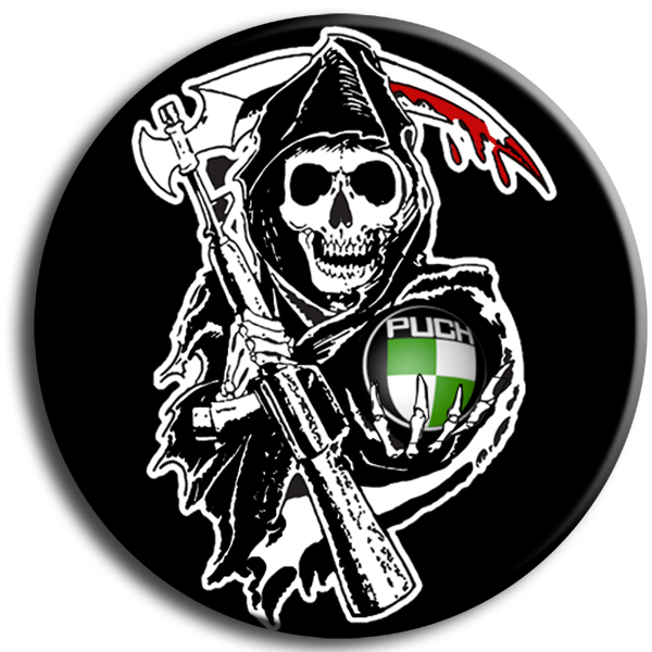 Sons Of Anarchy 桌布 壁紙 — 一個風格化的死神，手持斧頭和帶有綠白格子圖案的Puch標誌，背景為黑色。