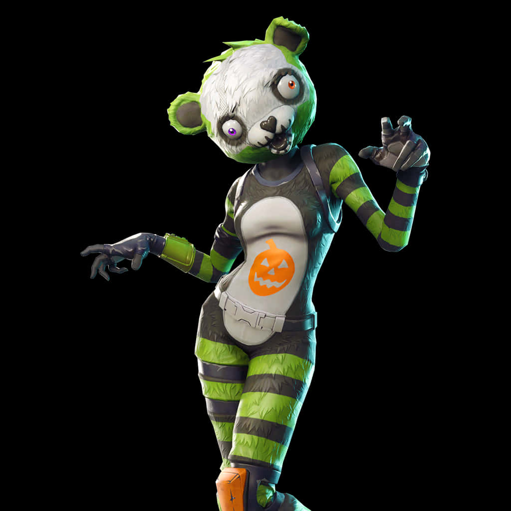 Fortnite Character 桌布 壁紙 — 一個風格化的殭屍熊貓角色，穿著綠色和灰色條紋服裝，帶有南瓜標誌，在黑色背景前擺姿勢。