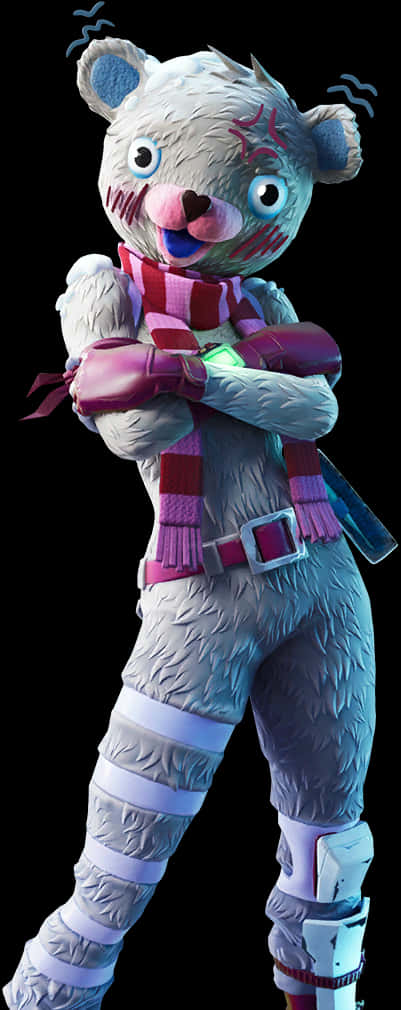 Fortnite Character 桌布 壁紙 — 一個風格化的毛茸茸熊角色，戴著粉紅色圍巾和綠色發光裝飾，站在黑色背景前。