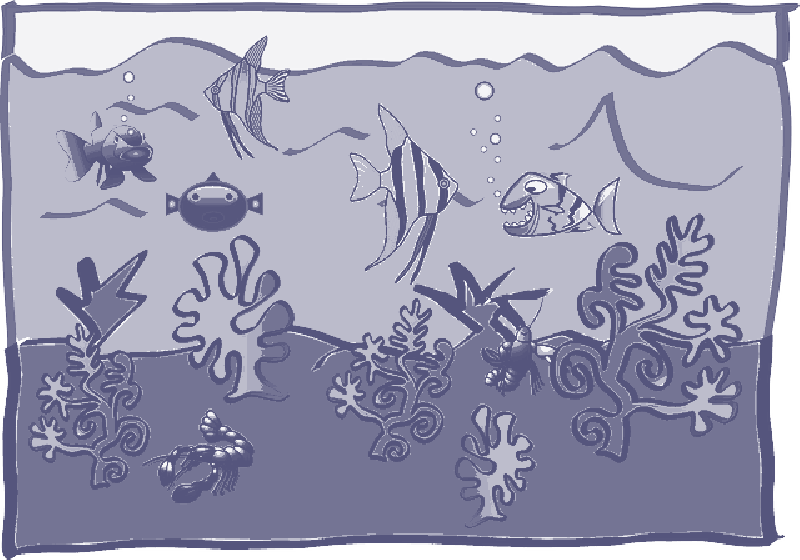 水下動畫 桌布 壁紙 — 一個風格化的水下場景，有卡通魚和珊瑚，採用單色藍色調。