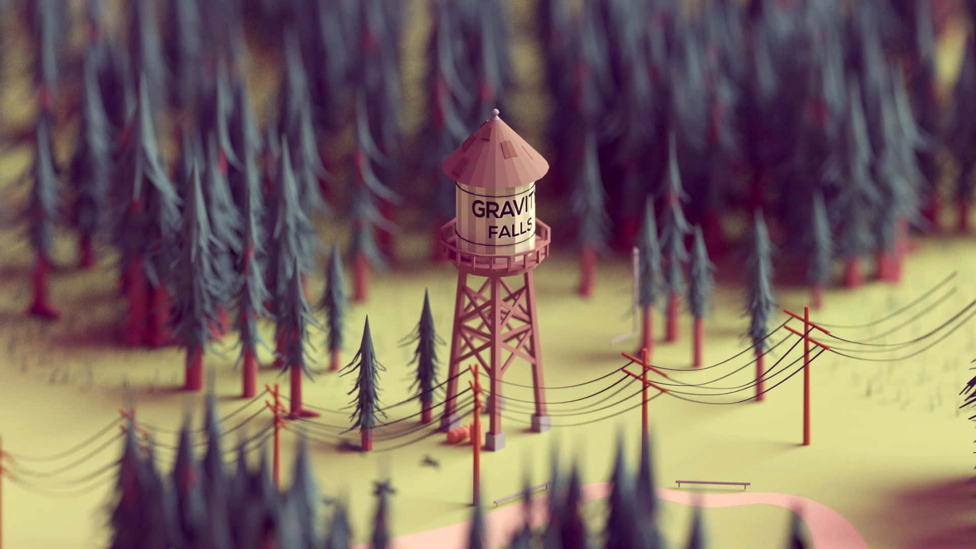 神秘小鎮大冒險 桌布 壁紙 — 一個風格化的水塔，標有「GRAVITY FALLS」，矗立在森林中，有紅色柱子和電線，天空柔和黃色。