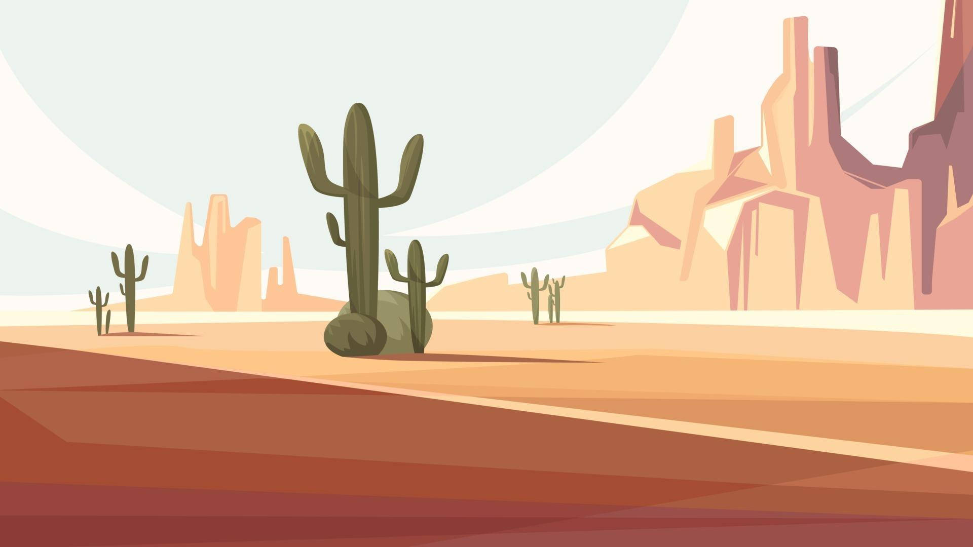 Arizona 桌布 壁紙 — 一個風格化的沙漠場景，有仙人掌和岩石形成，在柔和的粉彩天空下。