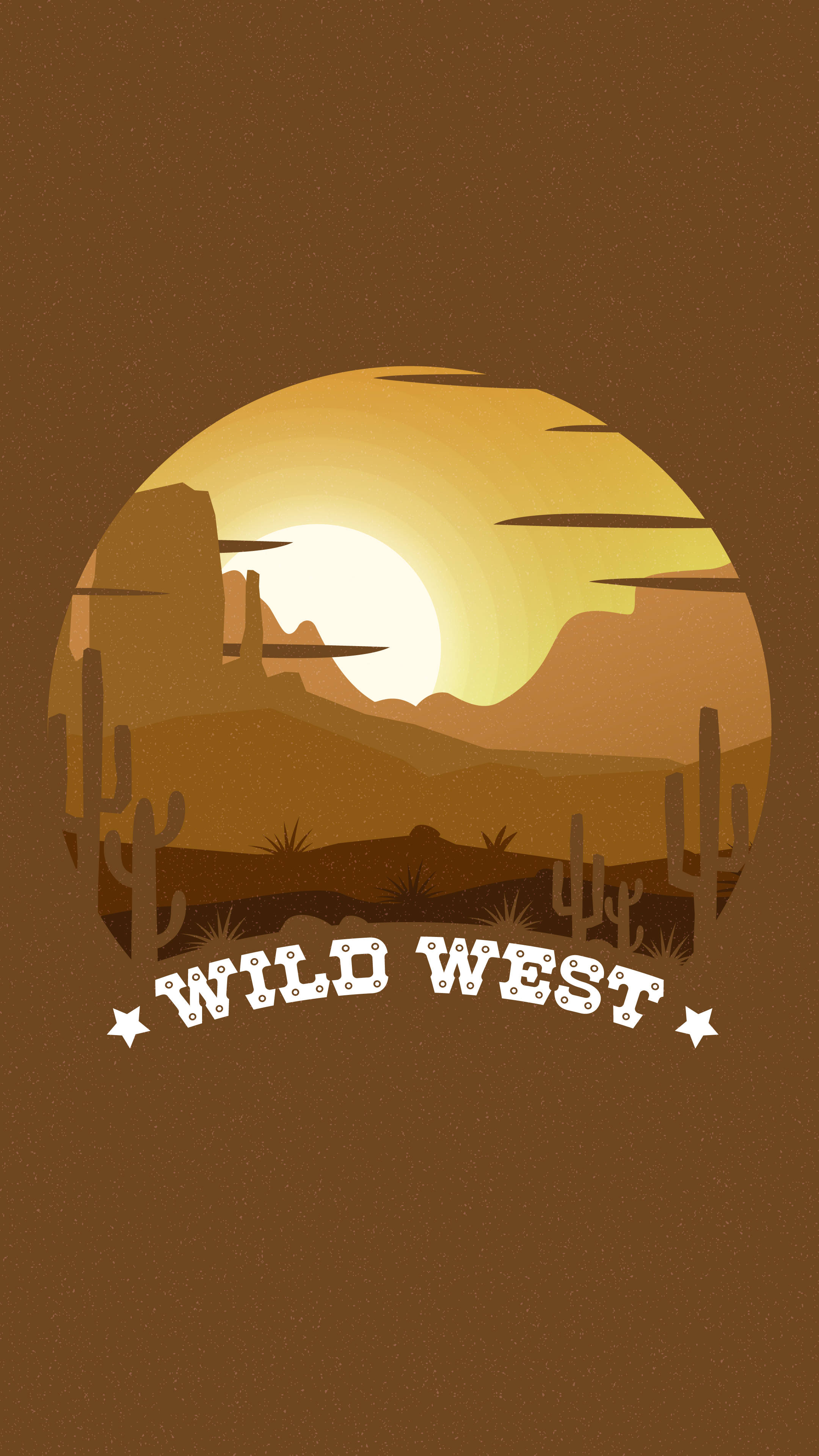 Cowboy 桌布 壁紙 — 一個風格化的沙漠日落，仙人掌和岩石形態被框在一個圓圈內，下方有「WILD WEST」文字。