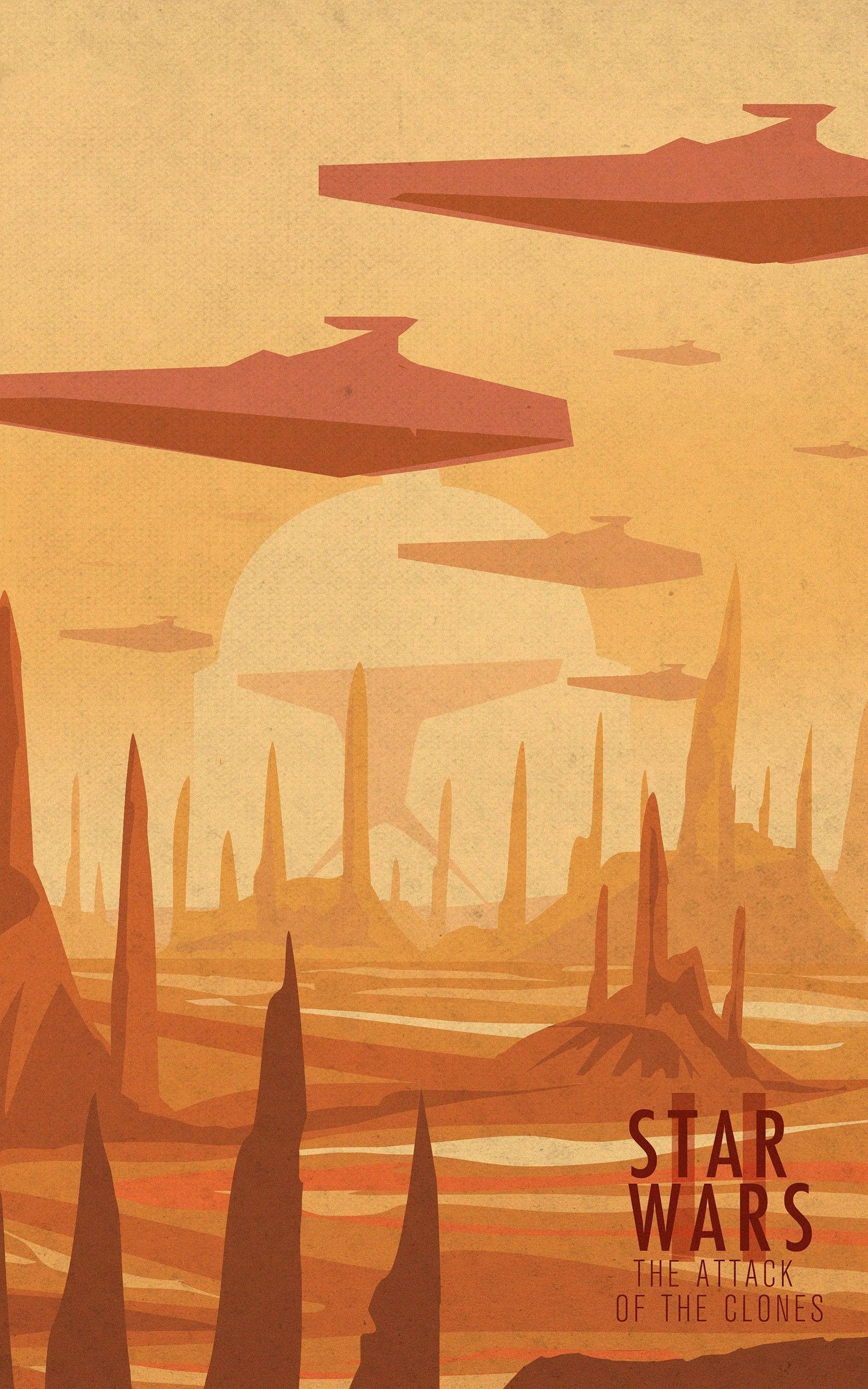 star wars iPhone 6 plus 桌布 壁紙 — 一個風格化的沙漠星球，有高聳的尖塔和飛船，在朦朧的橙色天空下。