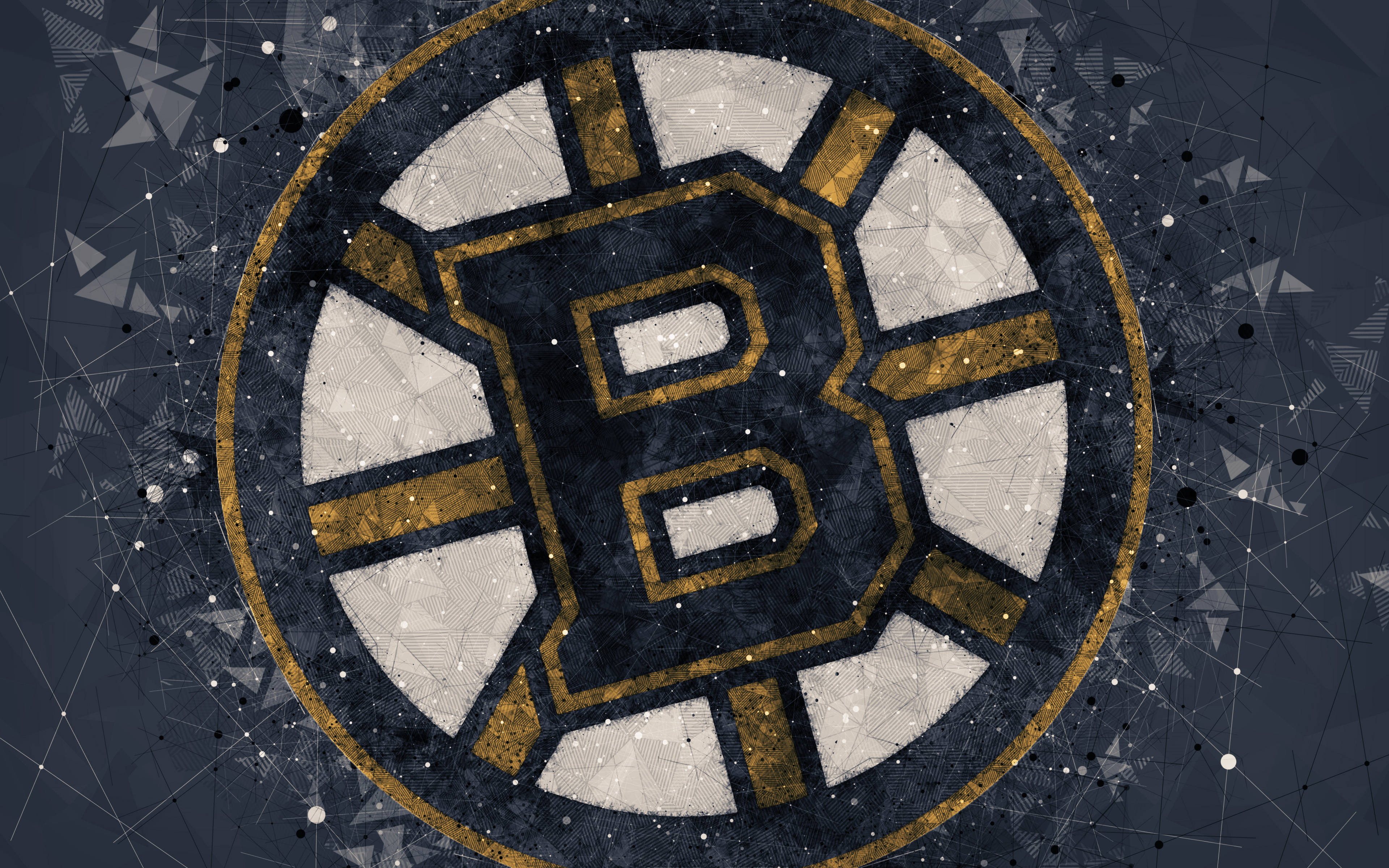 bruins 桌布 壁紙 — 一個風格化的波士頓棕熊隊標誌，帶有金色和海軍藍色點綴，置於深色幾何星形背景上。