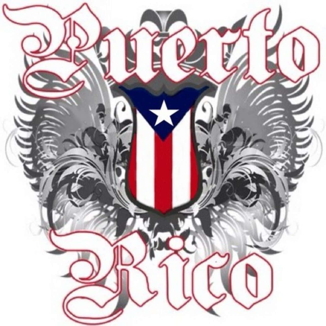 Puerto Rican 桌布 壁紙 — 一個風格化的波多黎各旗幟盾牌，兩側有華麗的灰色翅膀，上下方以紅色字體書寫「Puerto Rico」。