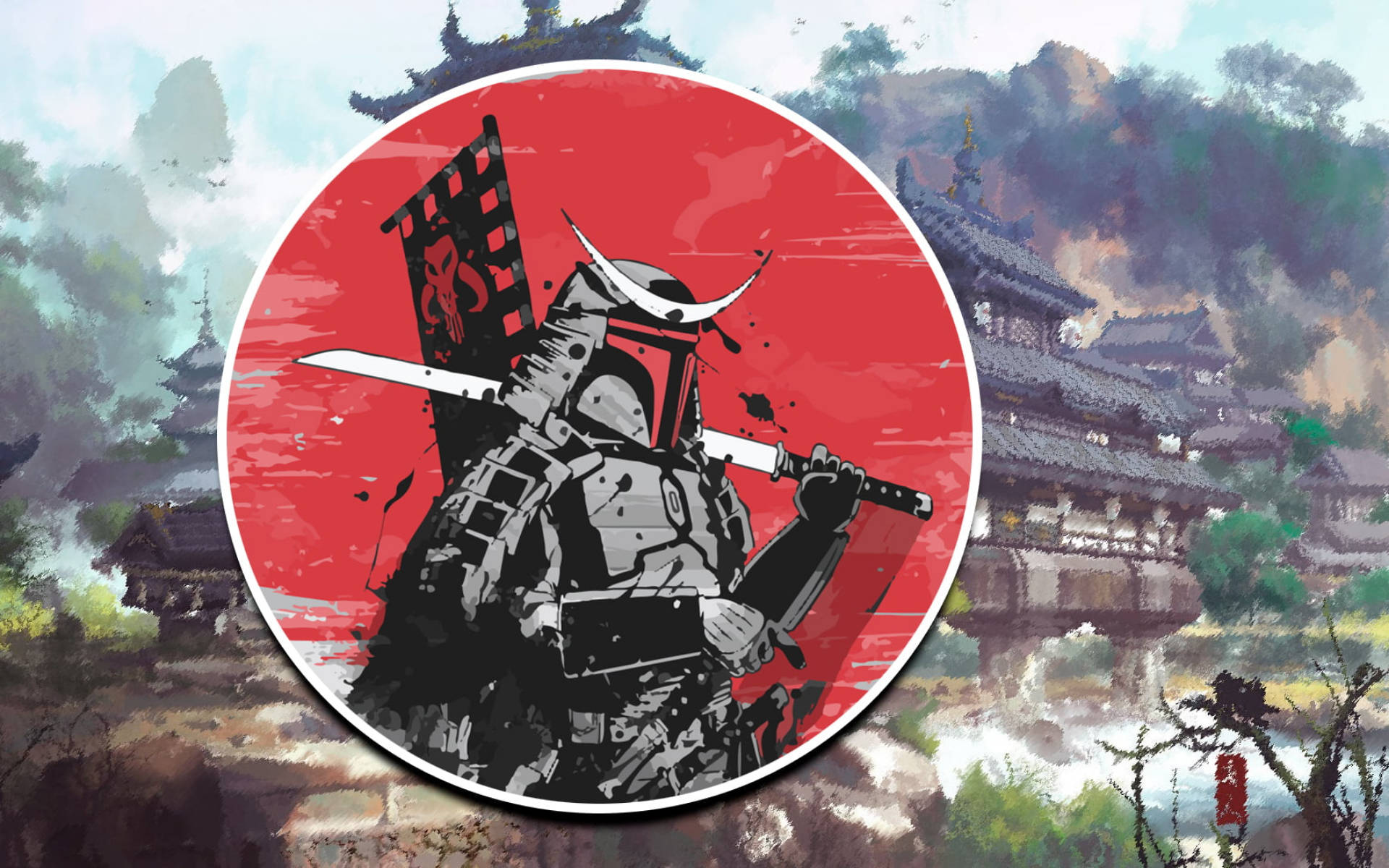 日本 桌布 壁紙 — 一個風格化的波巴·費特武士戰士穿著黑色盔甲，手持武士刀，背景是紅色圓形，置於霧氣瀰漫的傳統日本村莊場景中。
