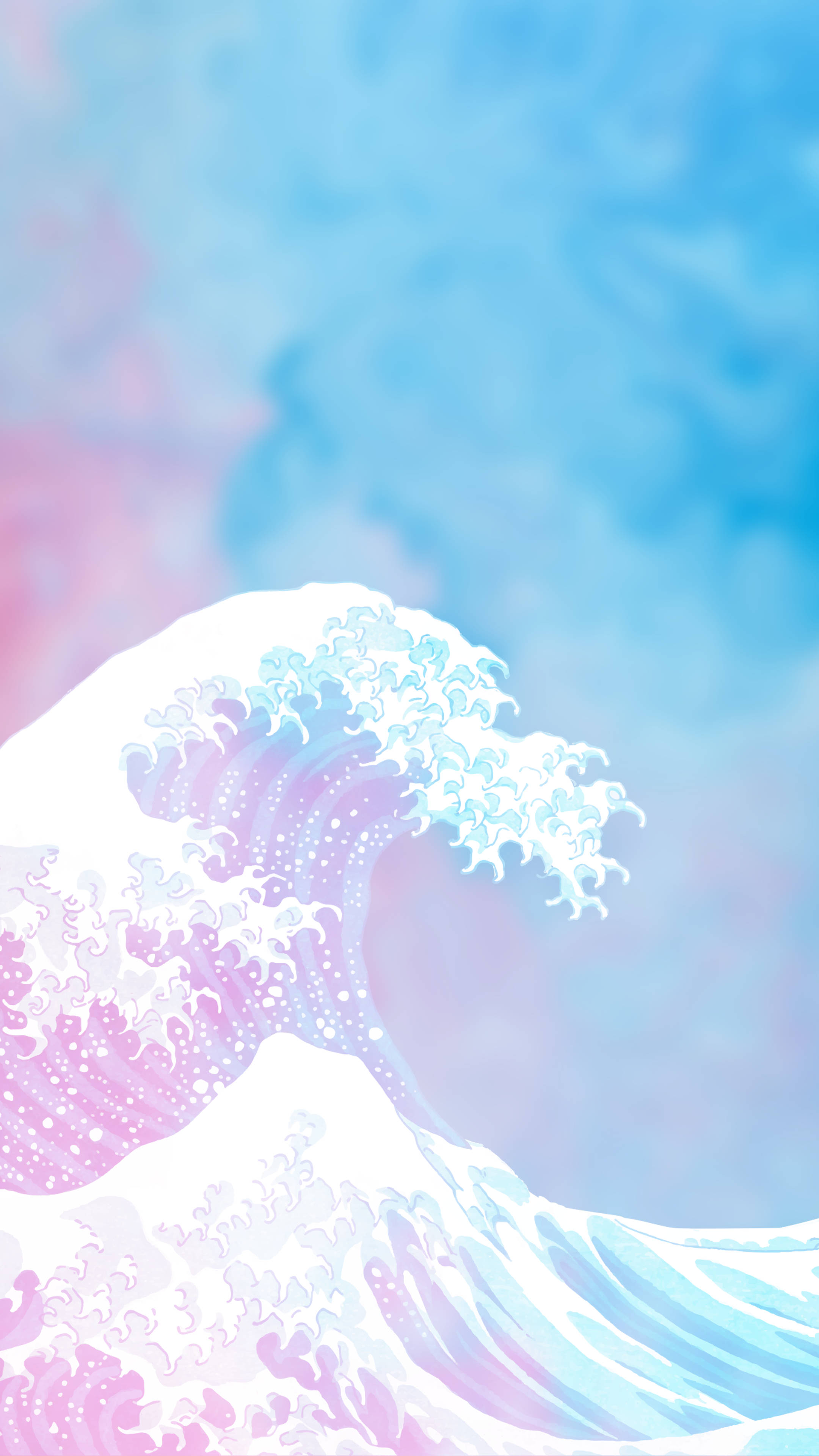 Pastel Minimalist 桌布 壁紙 — 一個風格化的波浪，以粉彩粉紅和藍色色調，在柔和的漸變天空下雄偉地彎曲。