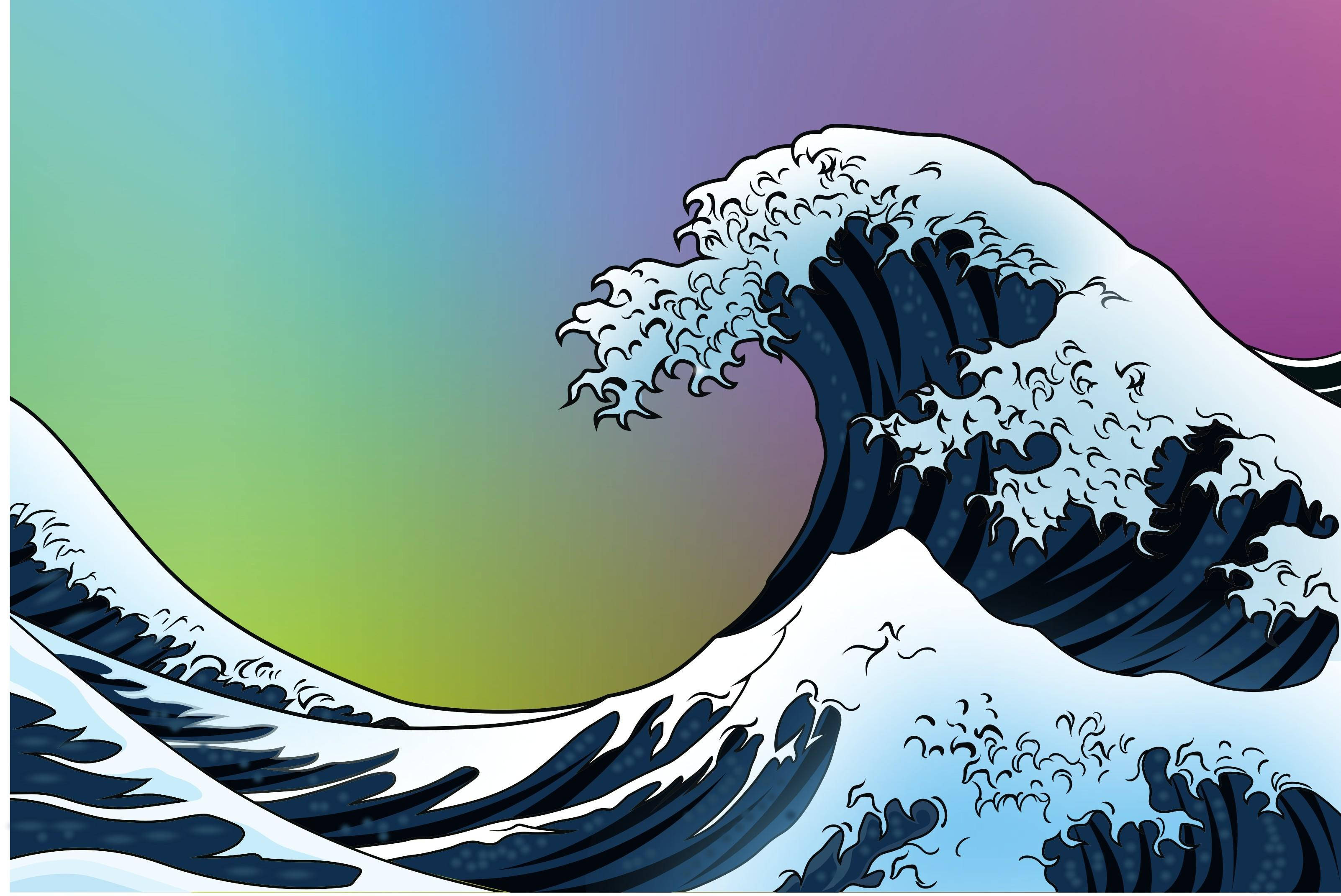 日式海浪 桌布 壁紙 — 一個風格化的波浪，帶有白色泡沫和深藍色波峰，背景是從青綠色到洋紅色的漸變天空。