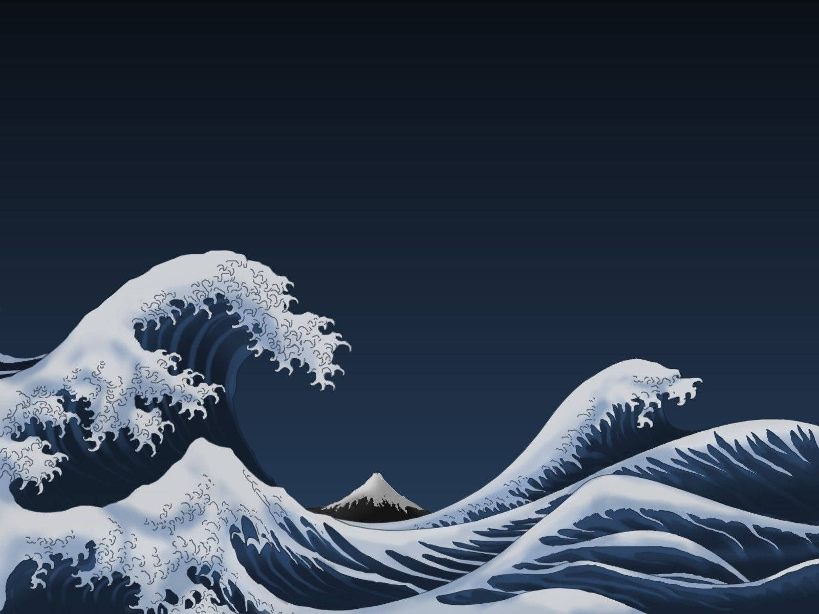 日式海浪 桌布 壁紙 — 一個風格化的波浪，帶有複雜的白色泡沫捲曲，在深藍色的天空下聳立於遠處的雪山之上。