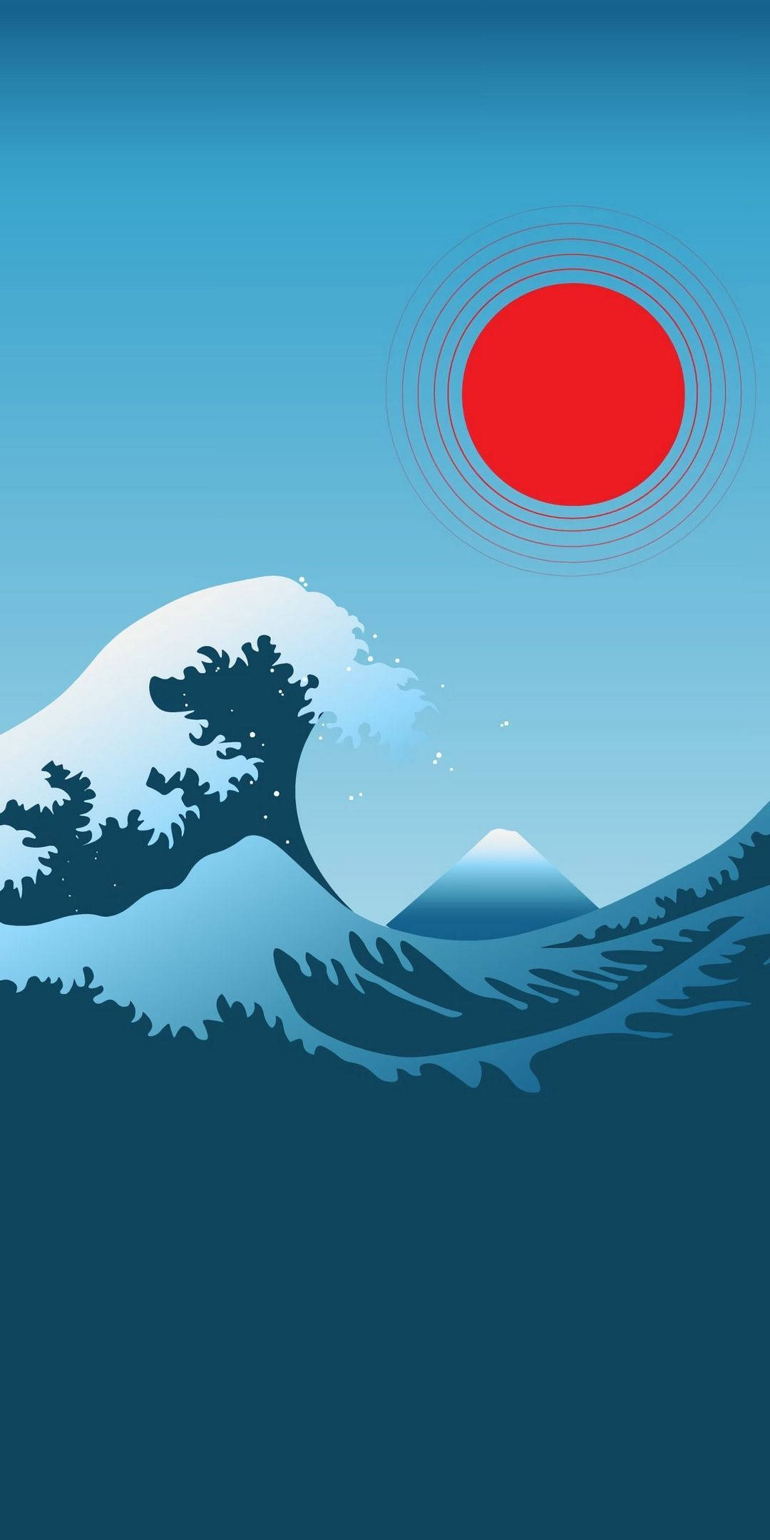 日式海浪 桌布 壁紙 — 一個風格化的波浪在帶有同心圓環的醒目紅日下衝擊，背景是漸變藍天。