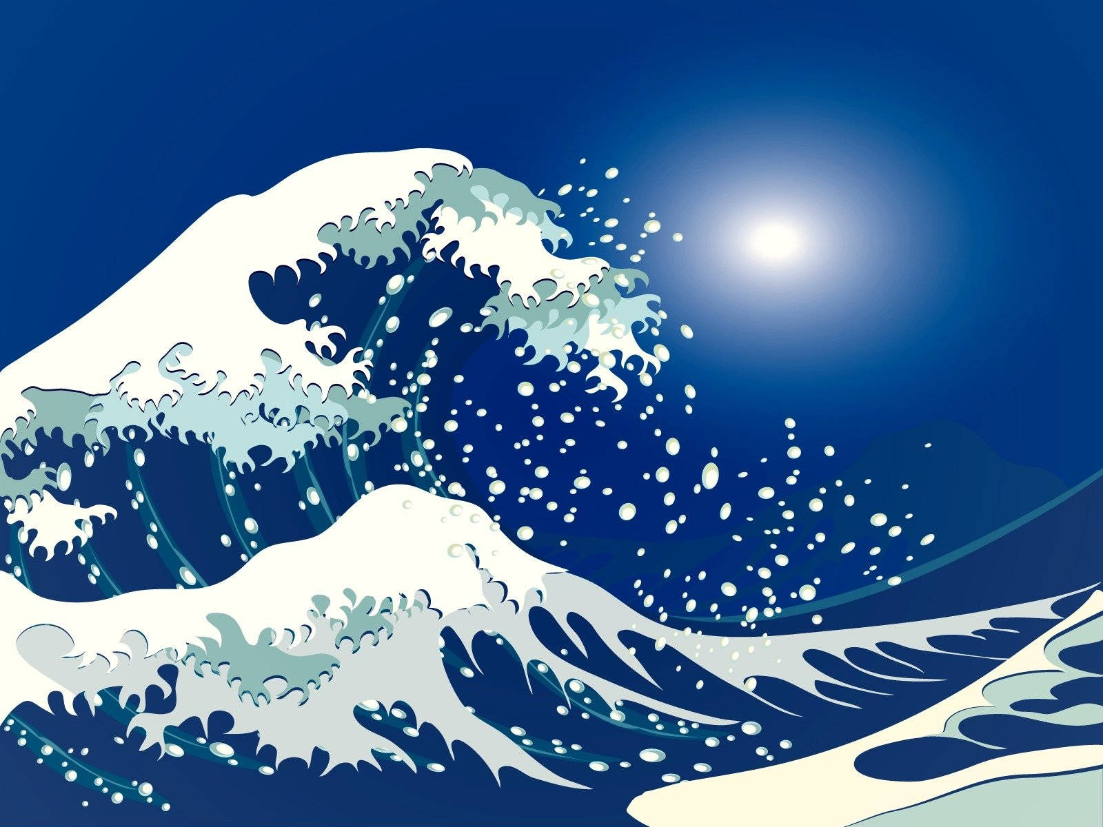 日式海浪 桌布 壁紙 — 一個風格化的波浪在明亮的太陽下破碎，帶有深藍和白色色調。