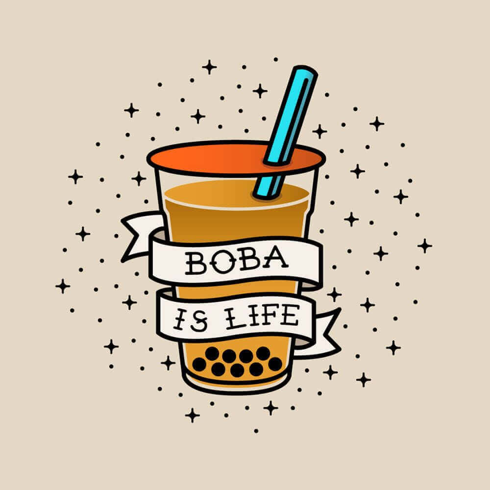 tea 桌布 壁紙 — 一個風格化的波霸奶茶杯，配有藍色吸管和寫有「BOBA IS LIFE」的橫幅，周圍環繞著星星和圓點。
