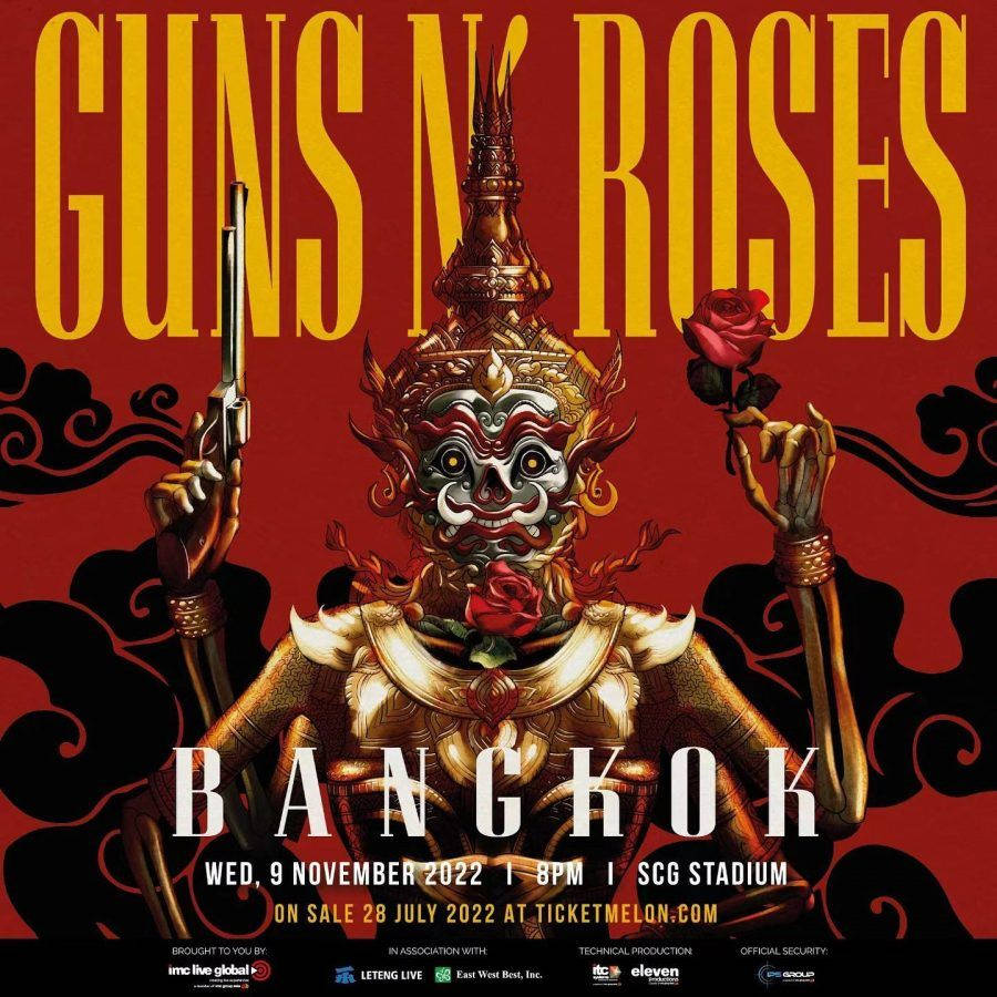Guns N' Roses 演唱會海報， featuring 一個拿著槍和玫瑰的泰國惡魔。 — 佛陀 GIF 壁紙