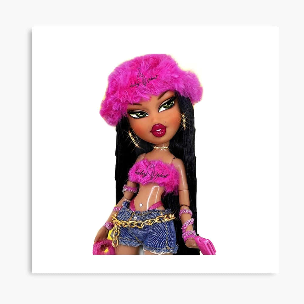 bratz 美學 桌布 壁紙 — 一個風格化的洋娃娃，長長的黑髮，戴著毛茸茸的粉紅色帽子和相配的上衣，搭配牛仔短褲和金鏈。