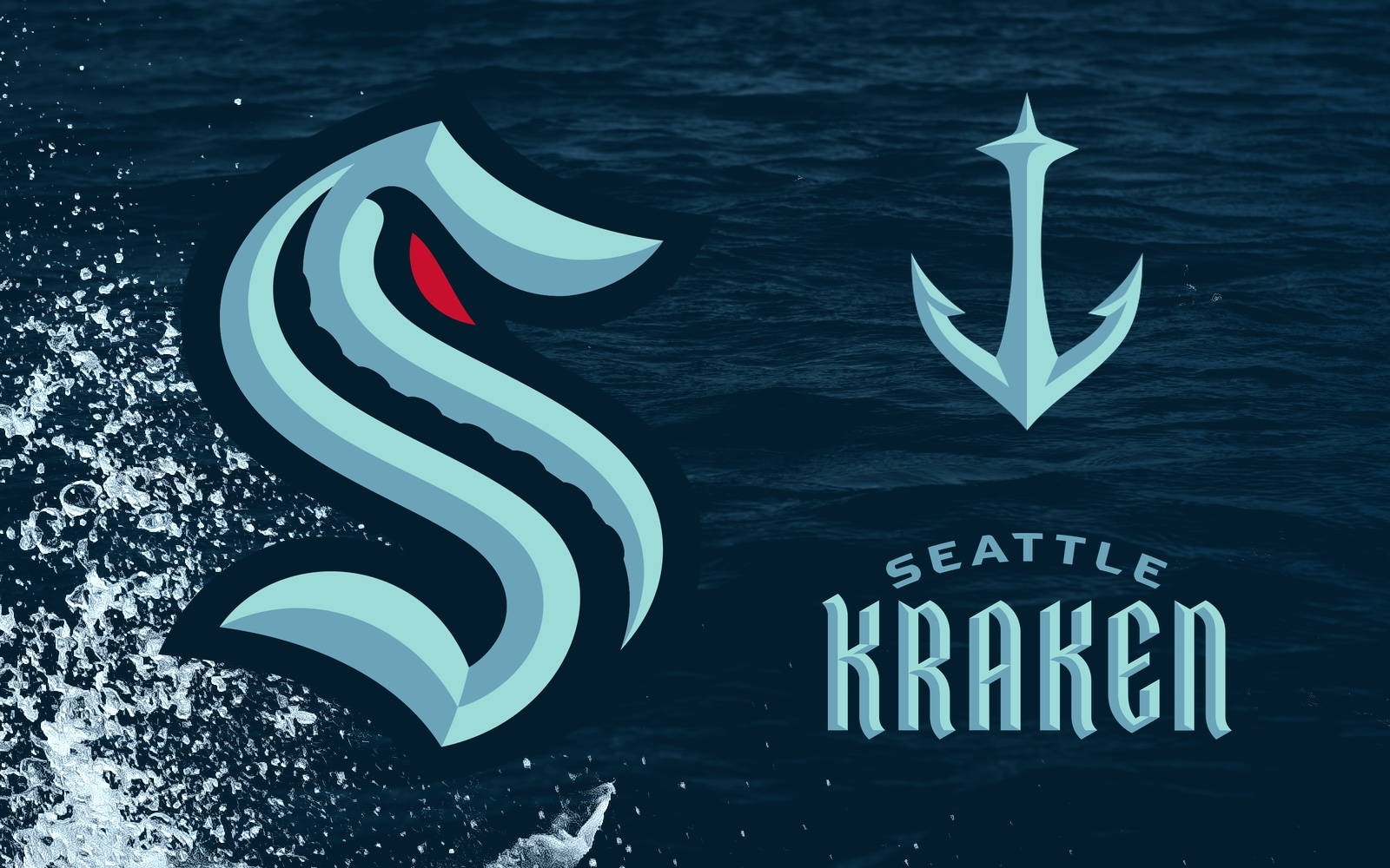 Kraken 桌布 壁紙 — 一個風格化的海怪標誌，帶有紅色眼睛，從黑暗的海浪中浮現，旁邊有錨和「Seattle Kraken」文字。