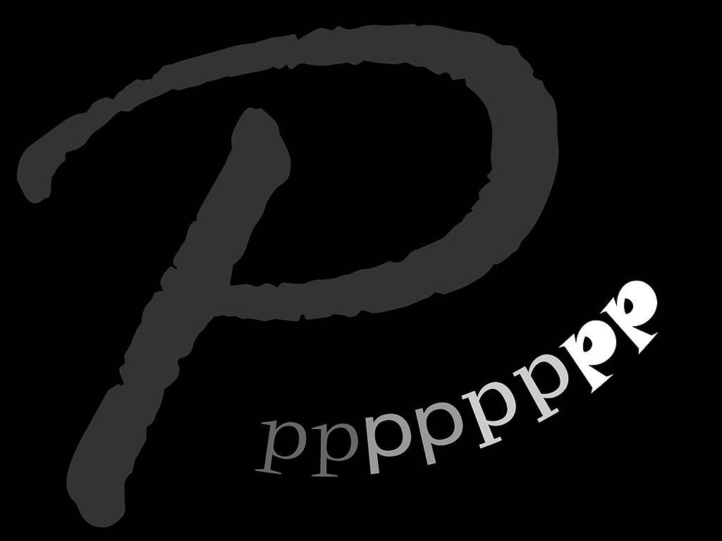 字母P 桌布 壁紙 — 一個風格化的深灰色大寫字母 P，下方有一個較小的白色小寫字母 p，背景為黑色。