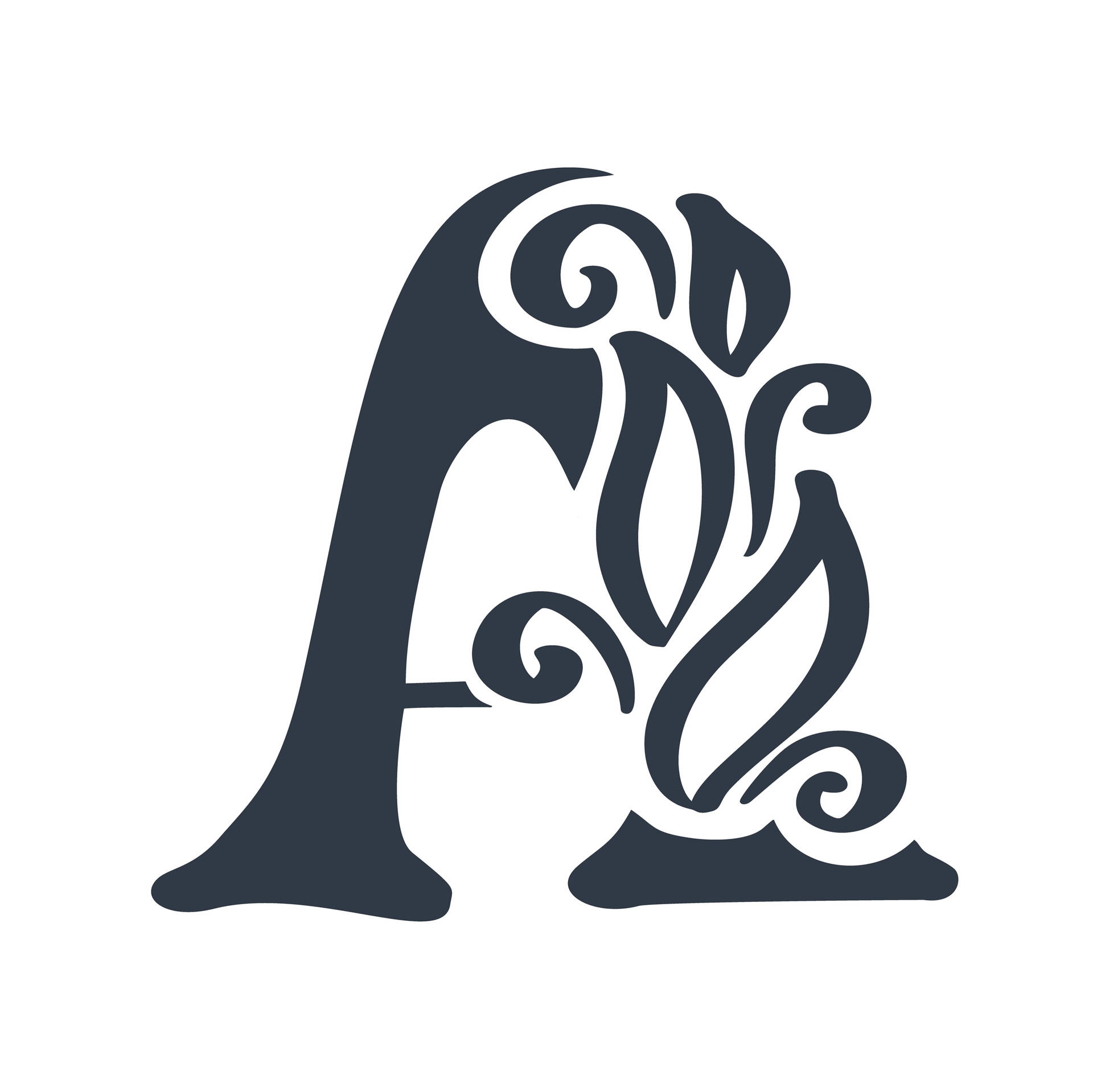 Letter A 桌布 壁紙 — 一個風格化的深灰色字母A，帶有華麗的漩渦和花飾，背景為白色。
