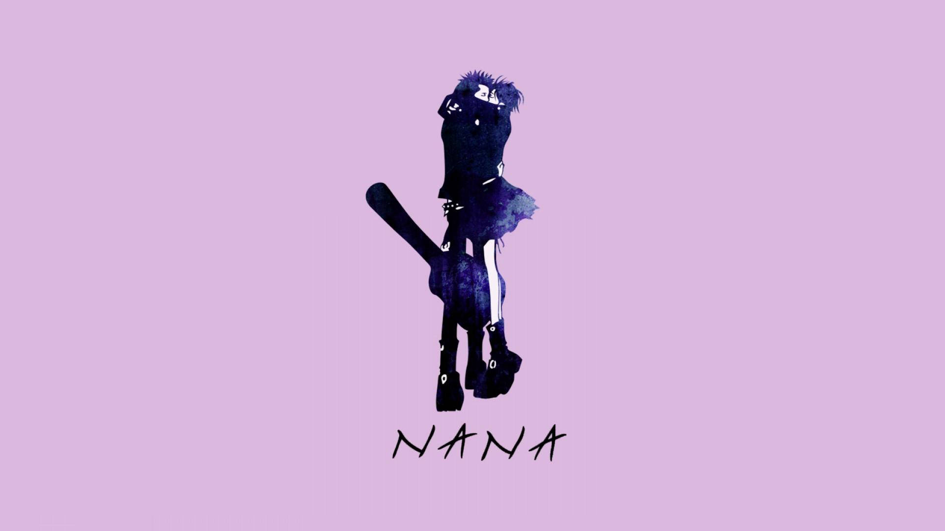 nana 桌布 壁紙 — 一個風格化的深紫色動漫女孩，有著尖刺頭髮和蝙蝠般的翅膀，站在柔和的薰衣草背景上，下方有NANA字樣。