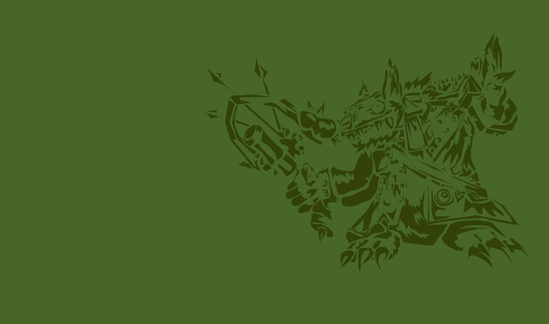 Twitch 桌布 壁紙 — 一個風格化的深綠色剪影，描繪一個兇猛的幻想生物，帶有尖刺盔甲和爪子，背景為純橄欖綠色。
