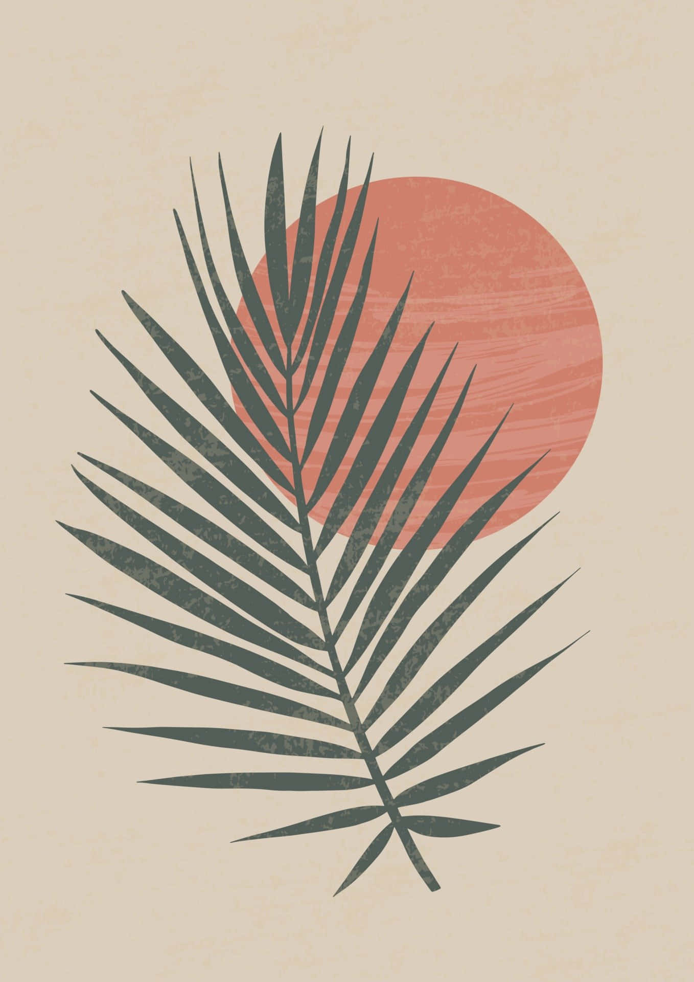 Boho Art 桌布 壁紙 — 一個風格化的深綠色棕櫚葉疊加在一個有紋理的珊瑚色圓圈上，背景為米色。