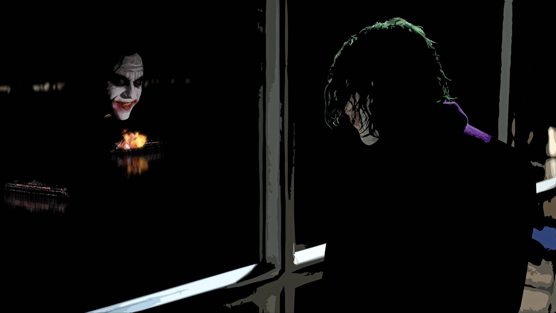 Heath Ledger Joker 桌布 壁紙 — 一個風格化的深色人物，綠色頭髮，站在窗邊，窗外燃燒物體的反射中，一個小丑般的臉孔，紅唇發光。