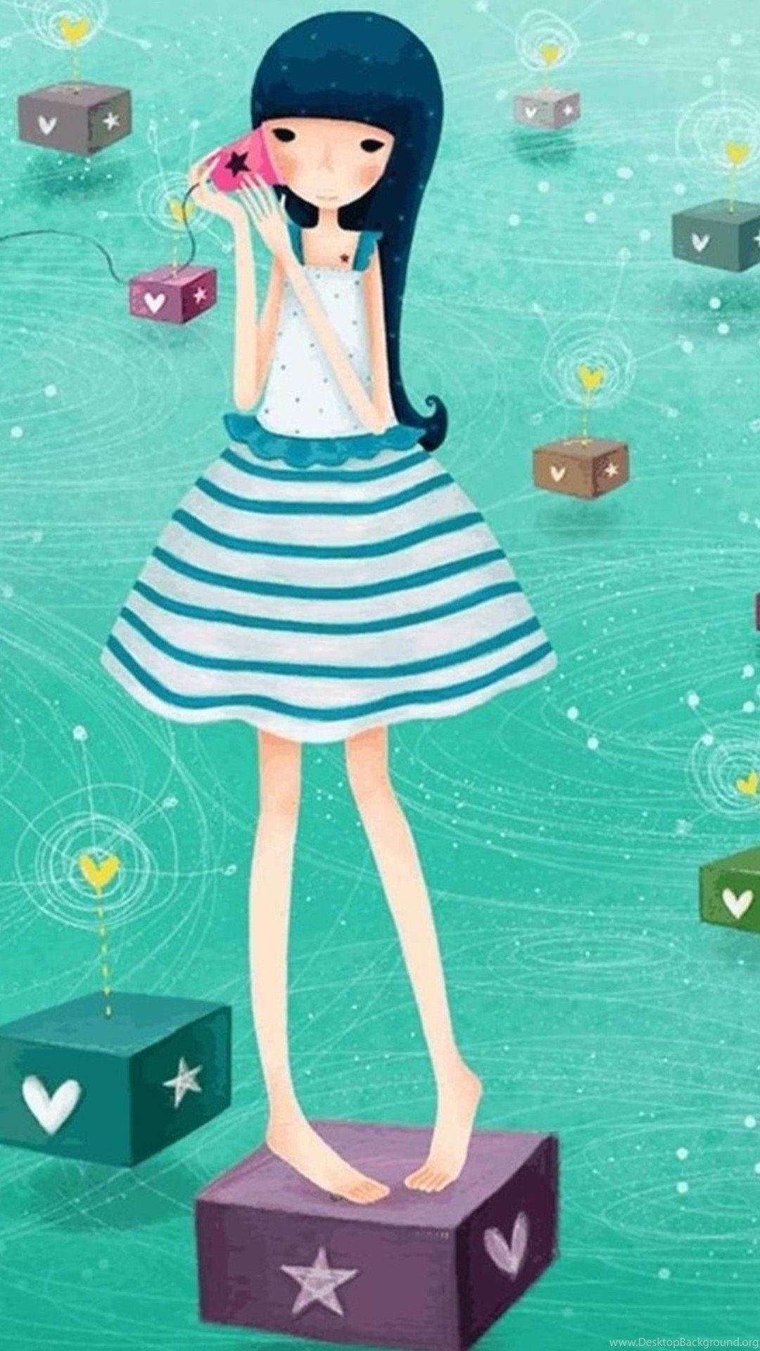 可愛的機器人 桌布 壁紙 — 一個風格化的深色頭髮女孩赤腳站在紫色盒子上，拿著粉紅色電話，浮動的禮物盒在青綠色中圍繞她旋轉。