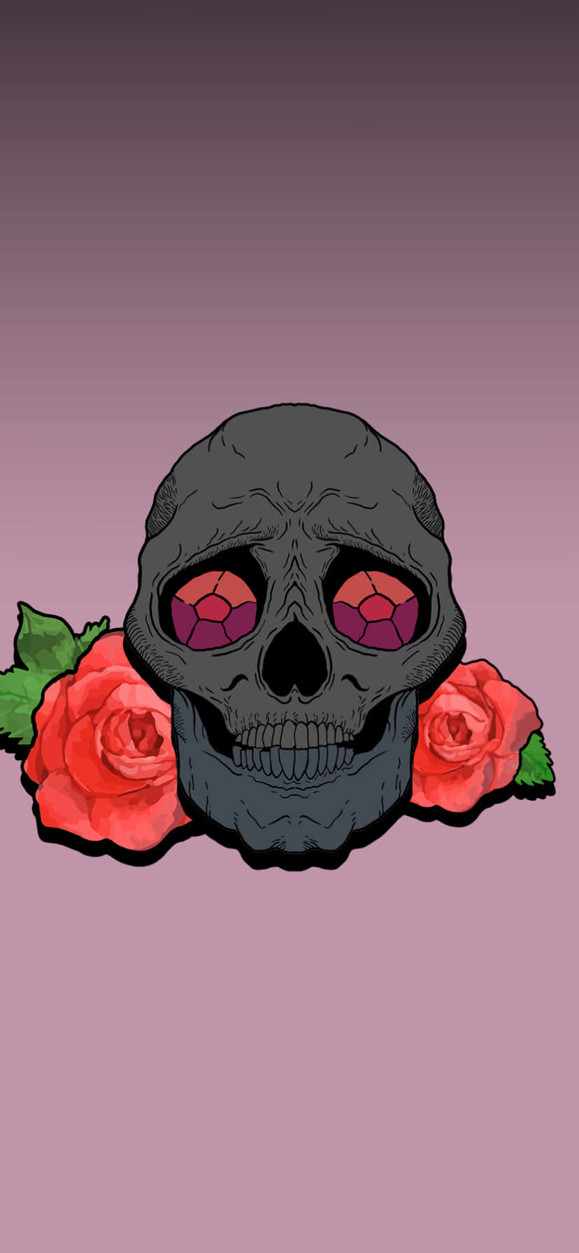 Skull Phone 桌布 壁紙 — 一個風格化的深色骷髏頭，帶有發光的紅色眼睛，兩側是鮮豔的紅玫瑰，背景是柔和的紫色漸變。