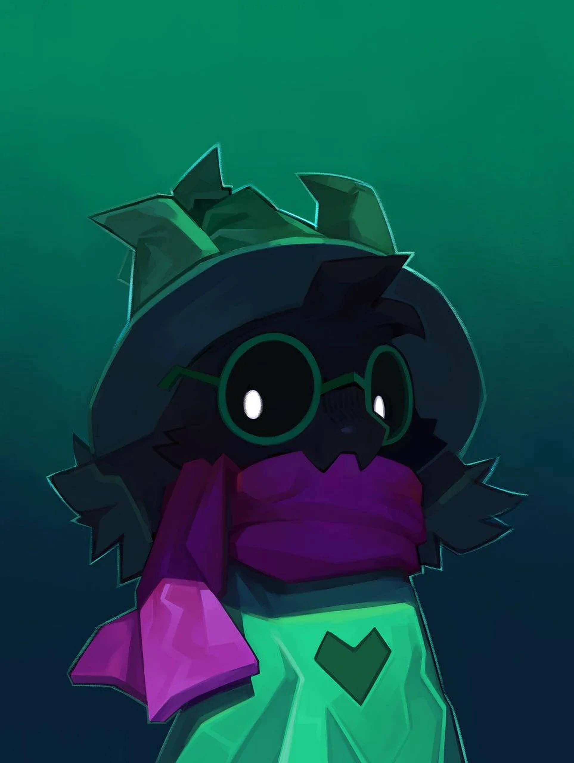 Ralsei 桌布 壁紙 — 一個風格化的深色鳥角色，戴著綠色眼鏡和紫色圍巾，站在漸變青綠色的背景前。