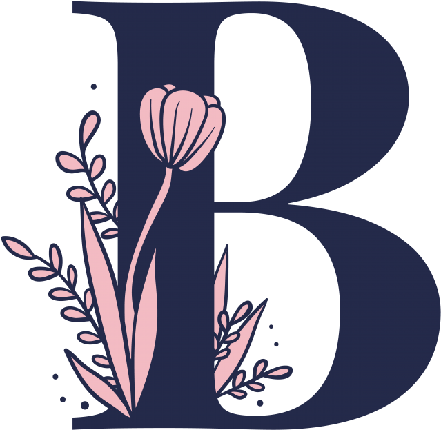 字母B 桌布 壁紙 — 一個風格化的深藍色字母B，飾以精緻的粉紅色鬱金香和葉子，採用極簡主義插圖。