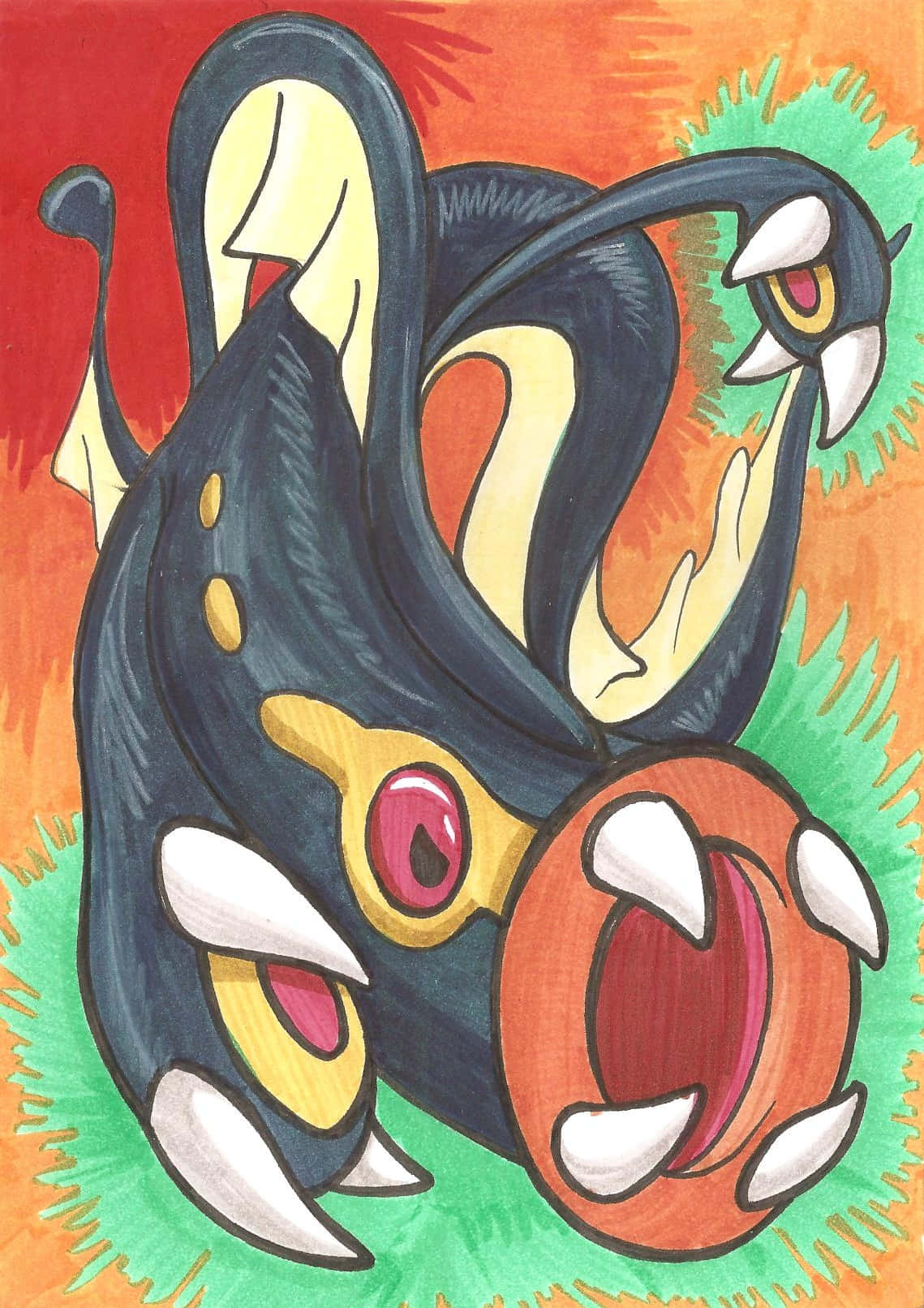 Pokemon Aesthetic 桌布 壁紙 — 一個風格化的深藍色生物，擁有鋒利的牙齒和發光的眼睛，從充滿活力的綠色草叢中冒出，背景是火熱的橙色。