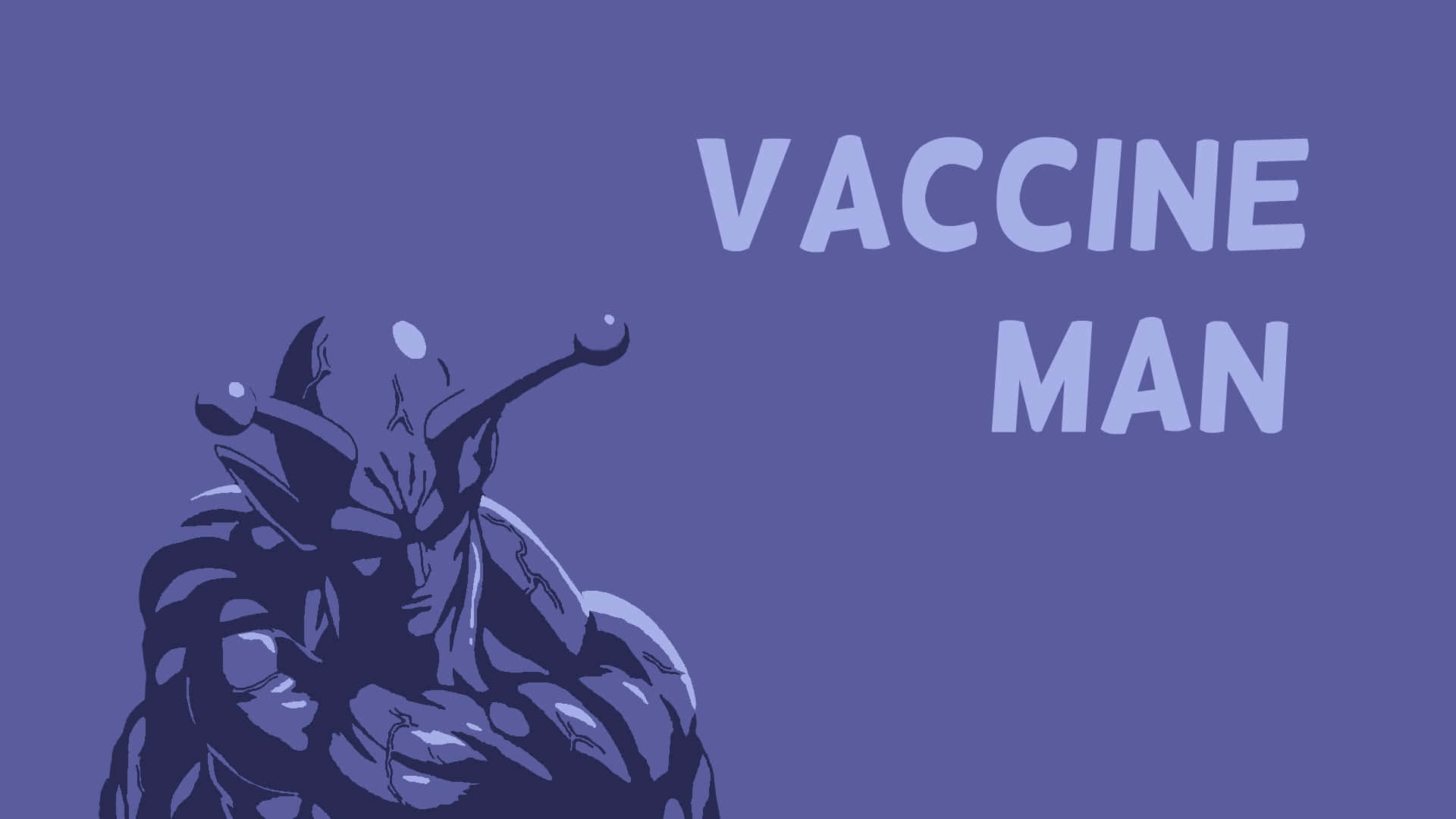 Vaccine Man 桌布 壁紙 — 一個風格化的深藍色肌肉發達人物，頭上有角和皇冠，站在純紫色背景前，上面有粗體白色文字寫著 VACCINE MAN。