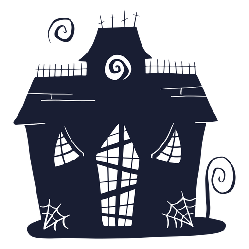 Haunted House Halloween 桌布 壁紙 — 一個風格化的深藍色鬼屋剪影，帶有白色窗戶、蜘蛛網和螺旋裝飾，背景為黑色。