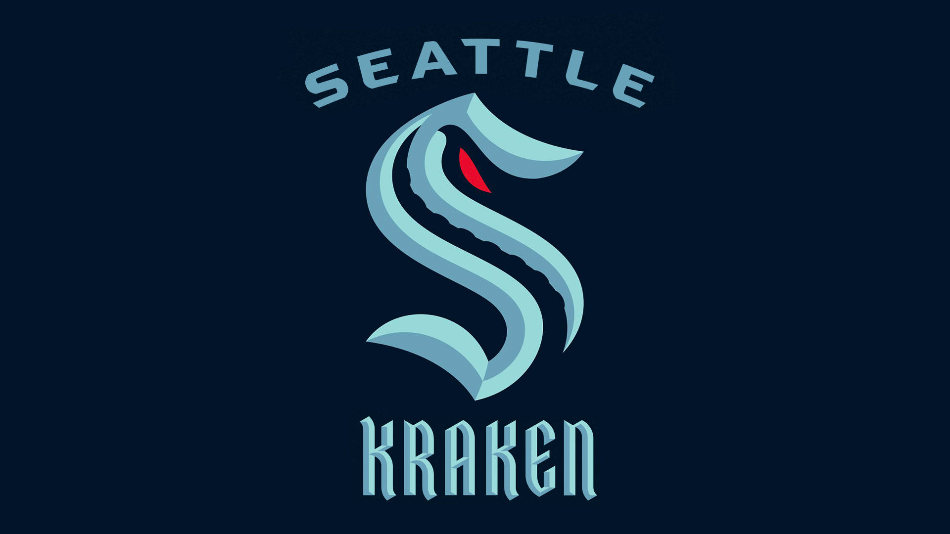 Kraken 桌布 壁紙 — 一個風格化的淺藍色克拉肯標誌，帶有紅色眼睛，置於深海軍藍背景上。