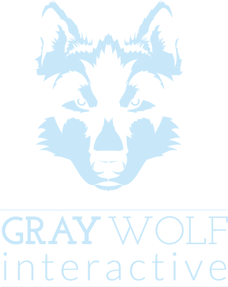 Interactive 桌布 壁紙 — 一個風格化的淺藍色狼頭標誌，黑色背景，下方有「GRAY WOLF interactive」文字。